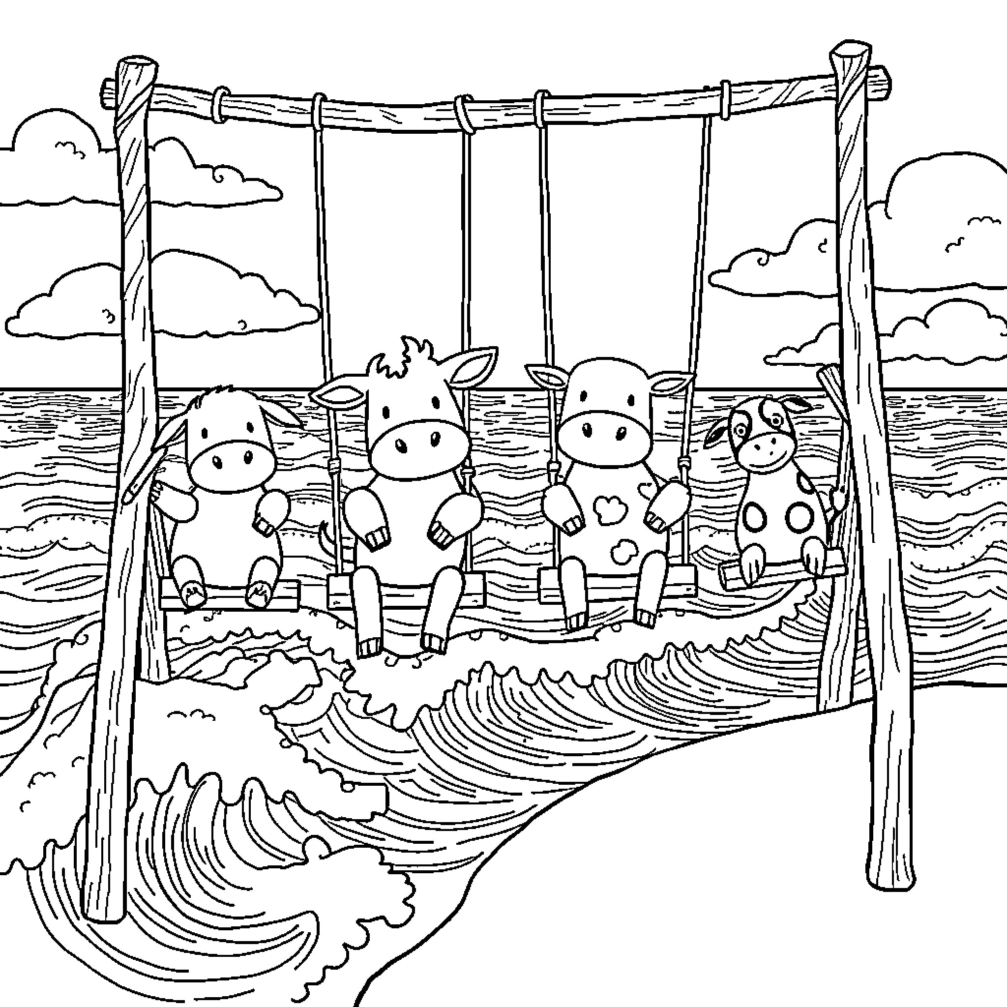 Farm Animals Enjoying a Swing by the Sea Coloring Page (free black-and-white line drawing printable PDF for all, from beginners to advanced learners, including children, teens, adults, and seniors)