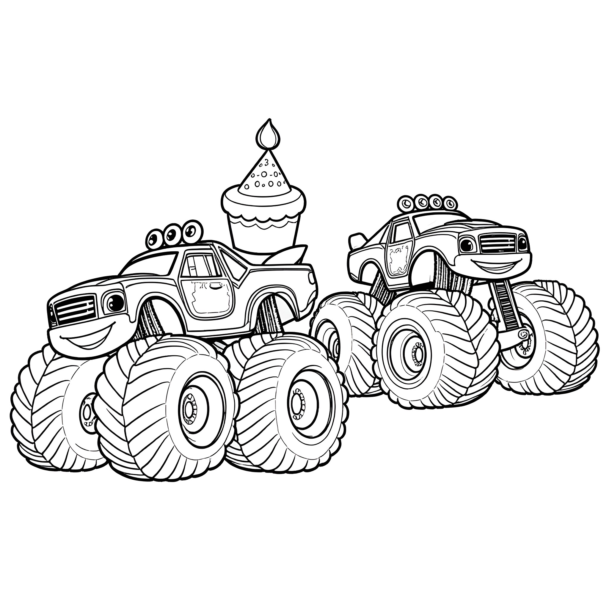 Blaze Monster Trucks in Action Coloring Page (free black-and-white line drawing printable PDF for all, from beginners to advanced learners, including children, teens, adults, and seniors)