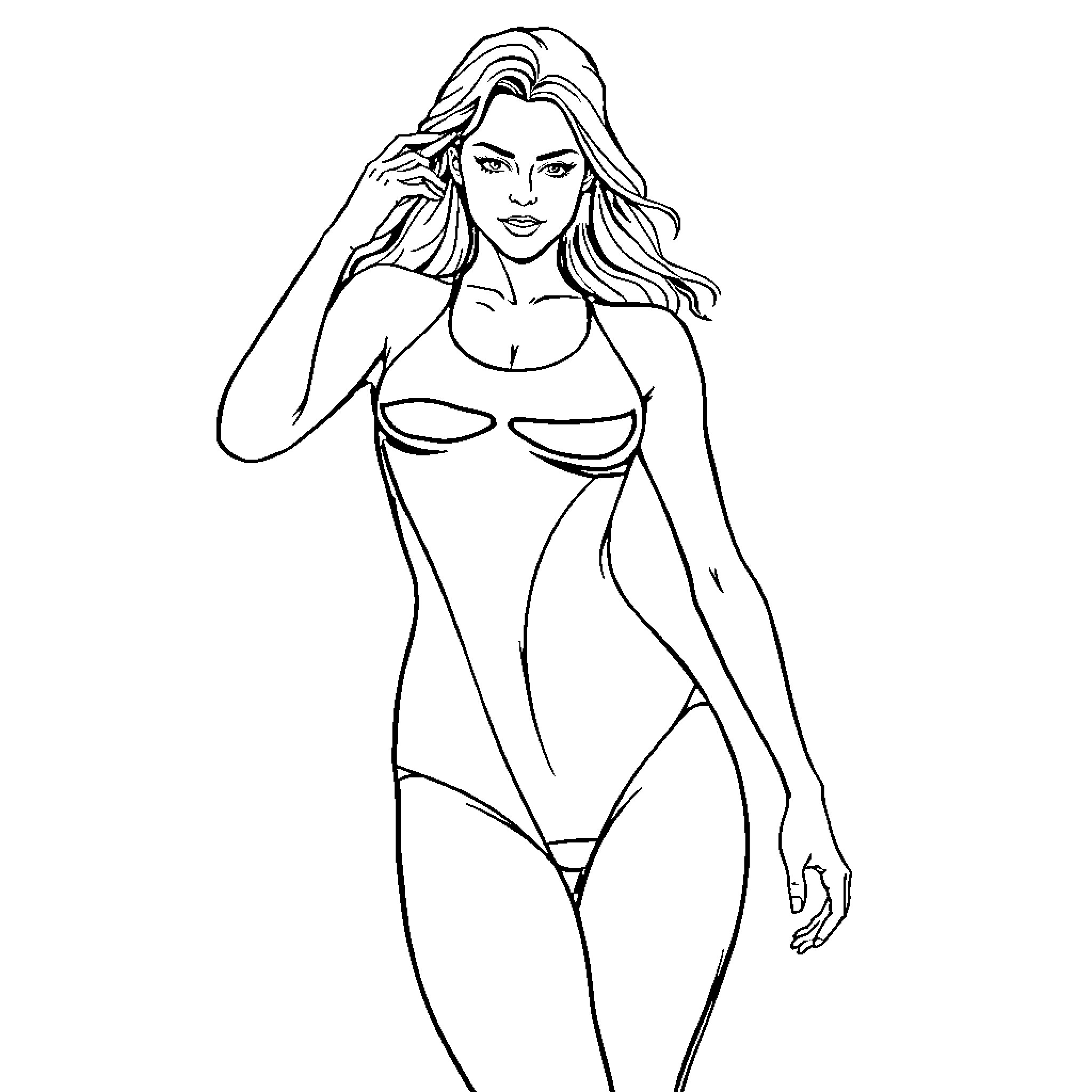 Swimsuit-clad woman posing confidently Coloring Page (free black-and-white line drawing printable PDF for all, from beginners to advanced learners, including children, teens, adults, and seniors)