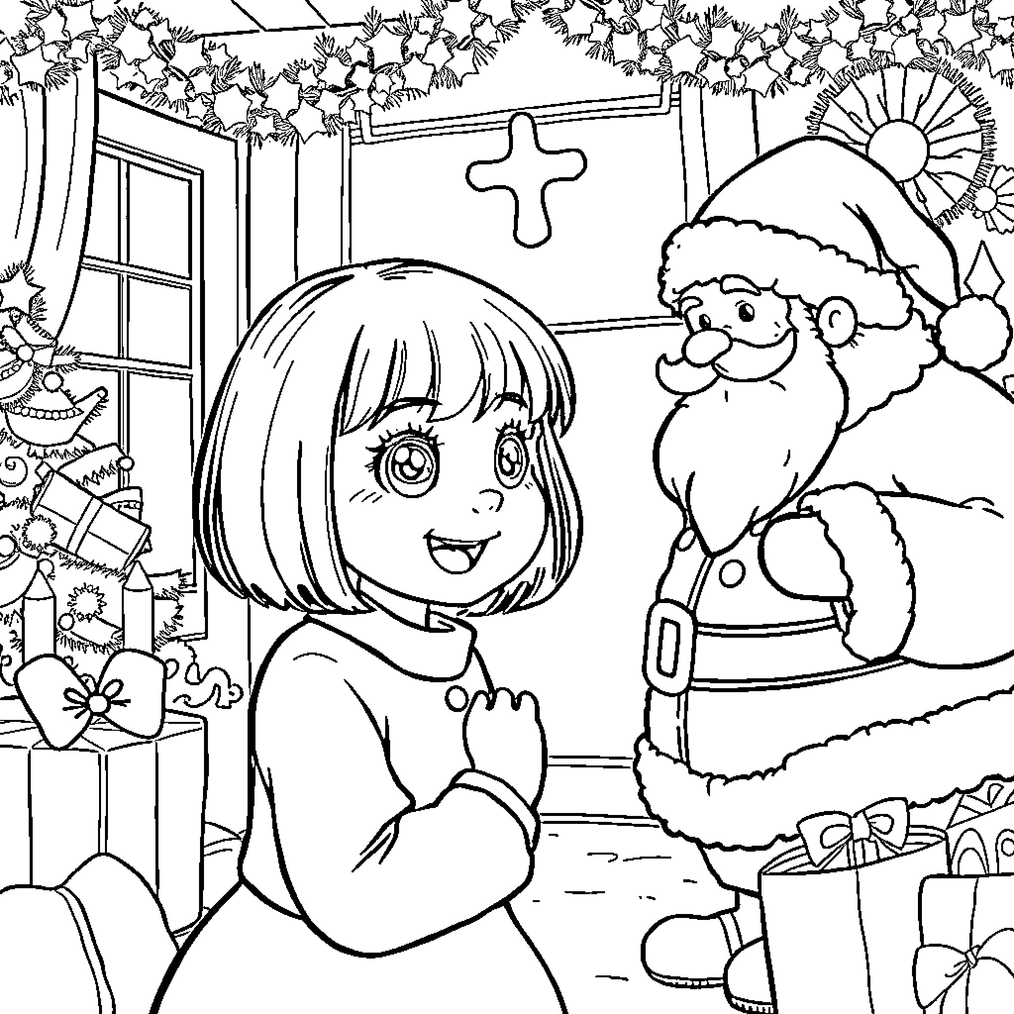 Girl Enjoying Christmas with Santa Claus Coloring Page (free black-and-white line drawing printable PDF for all, from beginners to advanced learners, including children, teens, adults, and seniors)