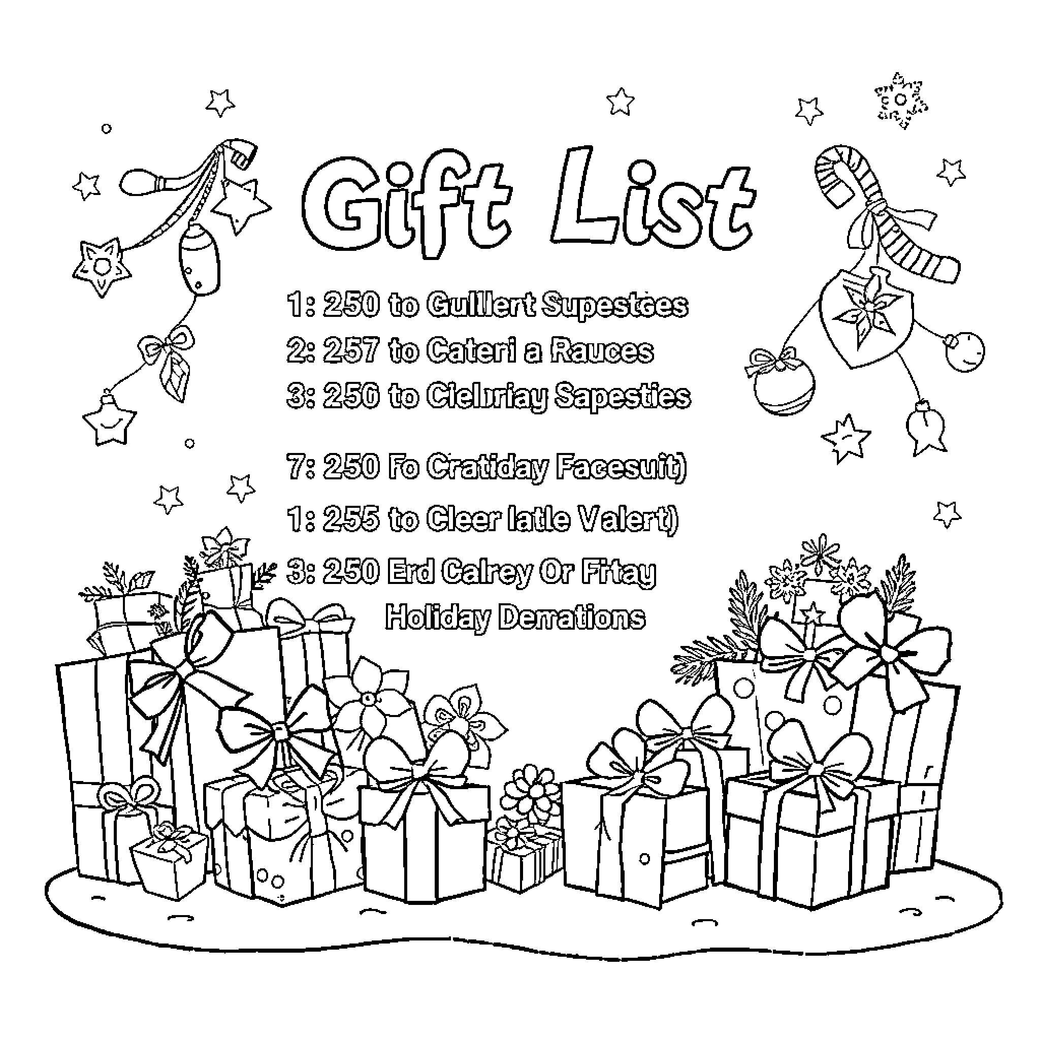 Christmas Gift List with Presents and Decorations Coloring Page (free black-and-white line drawing printable PDF for all, from beginners to advanced learners, including children, teens, adults, and seniors)