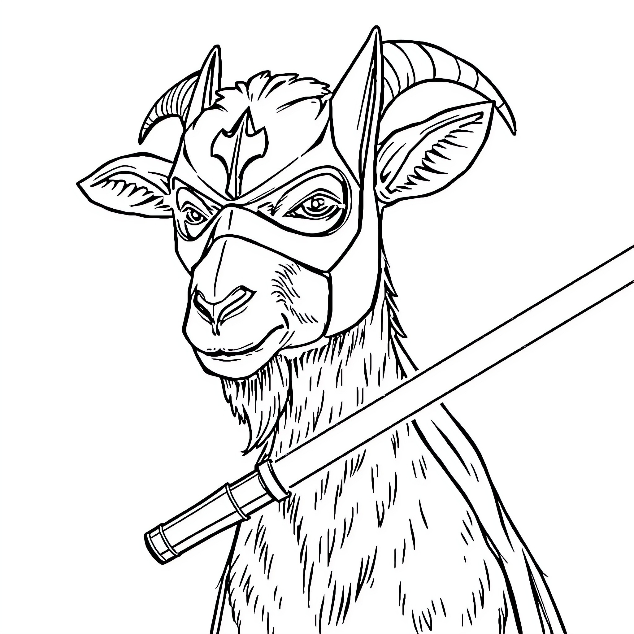 Goat warrior wielding a sword Coloring Page (free black-and-white line drawing printable PDF for all, from beginners to advanced learners, including children, teens, adults, and seniors)