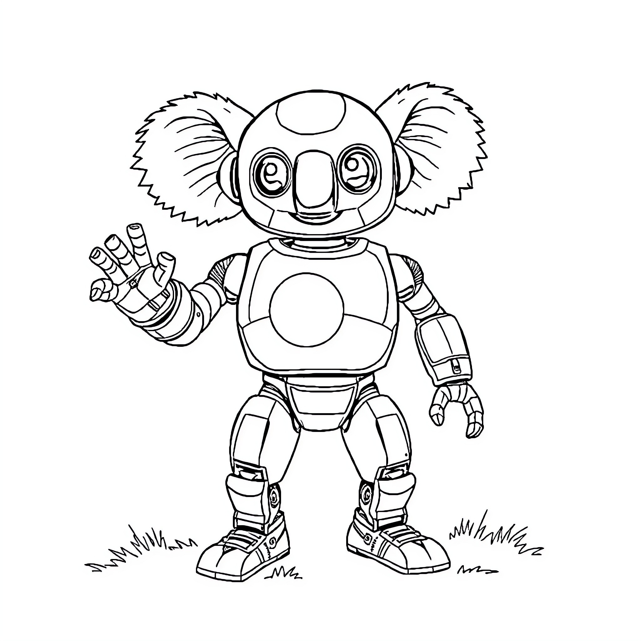 Robot Koala Waving Cheerfully Coloring Page (free black-and-white line drawing printable PDF for all, from beginners to advanced learners, including children, teens, adults, and seniors)