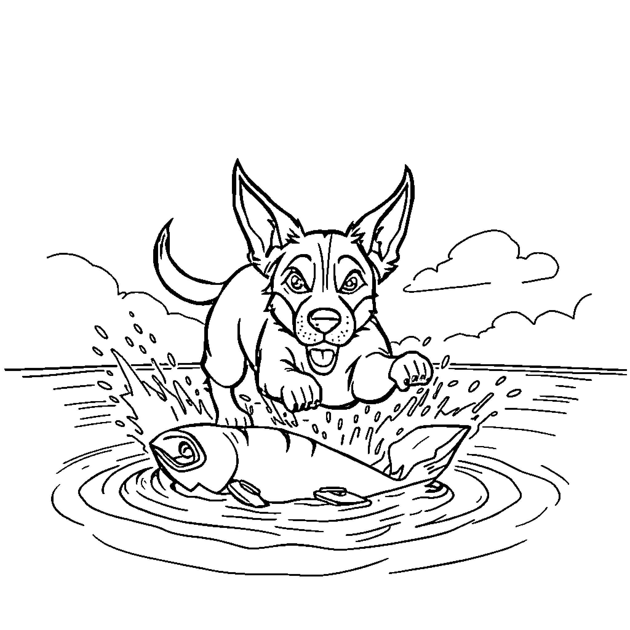 Patrulla Canina Playing in the Pond Coloring Page (free black-and-white line drawing printable PDF for all, from beginners to advanced learners, including children, teens, adults, and seniors)