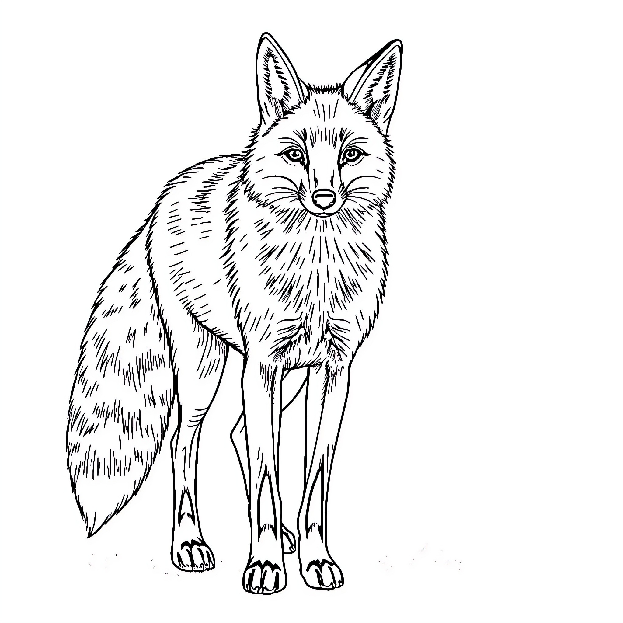 Fox posing attentively in black and white Coloring Page (free black-and-white line drawing printable PDF for all, from beginners to advanced learners, including children, teens, adults, and seniors)