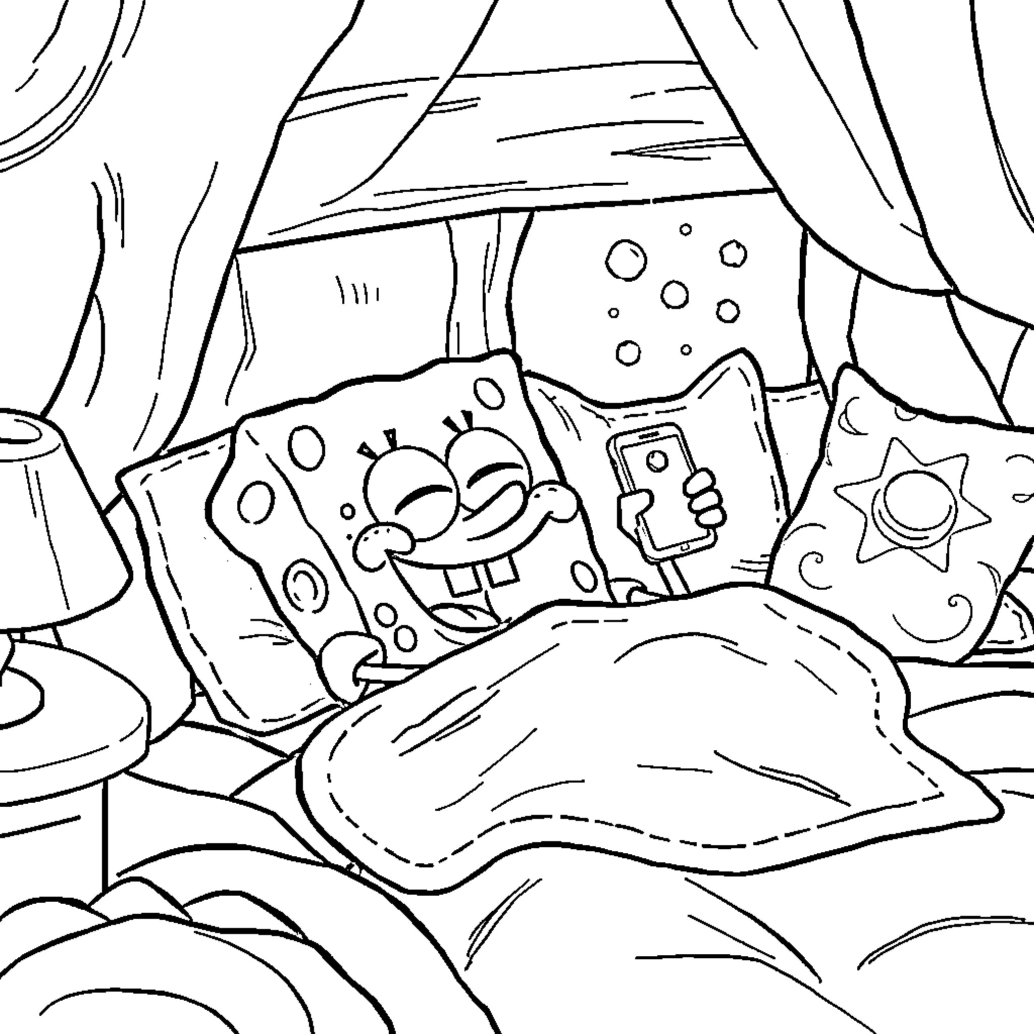 Spongebob's Bedtime Adventure Coloring Page (free black-and-white line drawing printable PDF for all, from beginners to advanced learners, including children, teens, adults, and seniors)