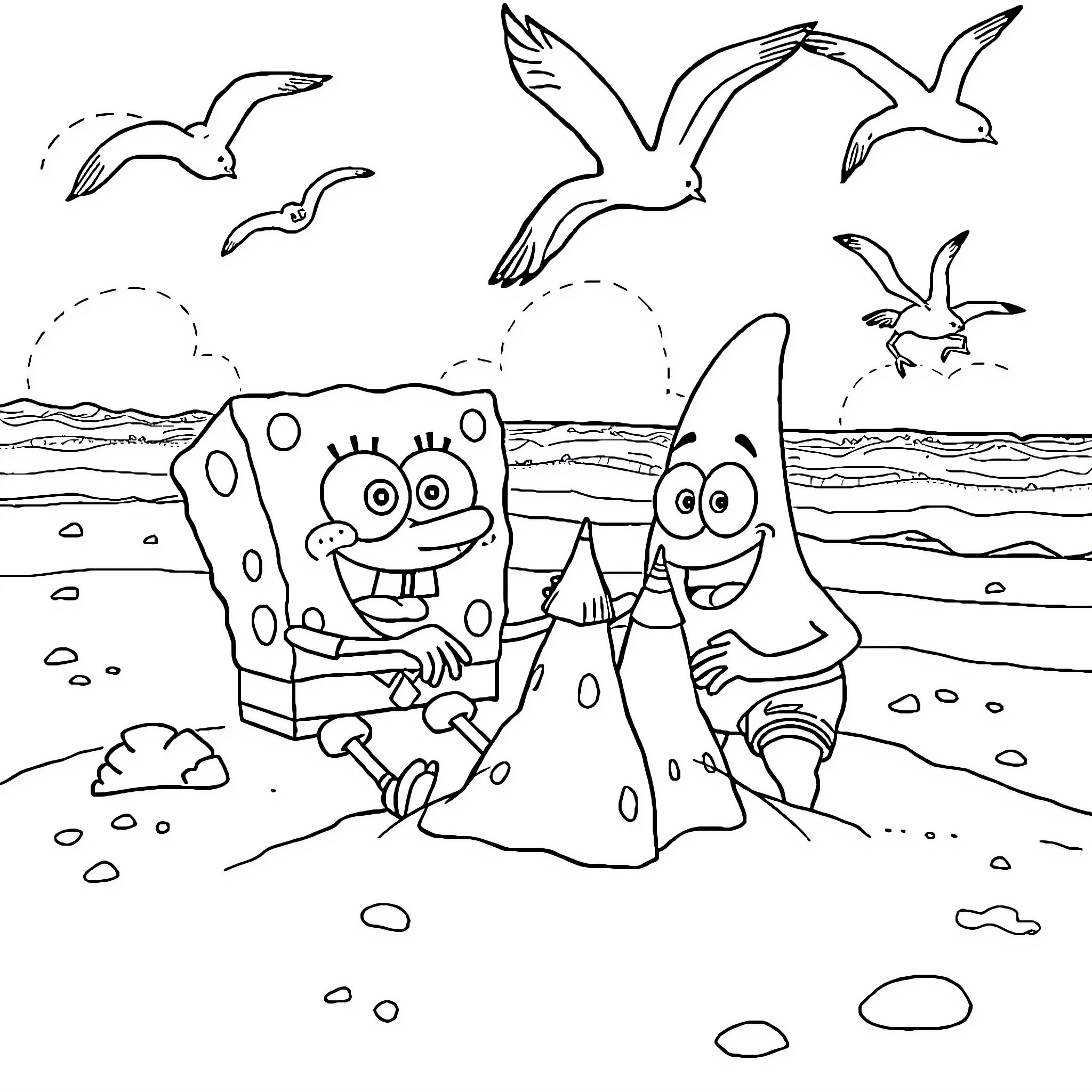 Spongebob and Patrick playing on the beach Coloring Page (free black-and-white line drawing printable PDF for all, from beginners to advanced learners, including children, teens, adults, and seniors)