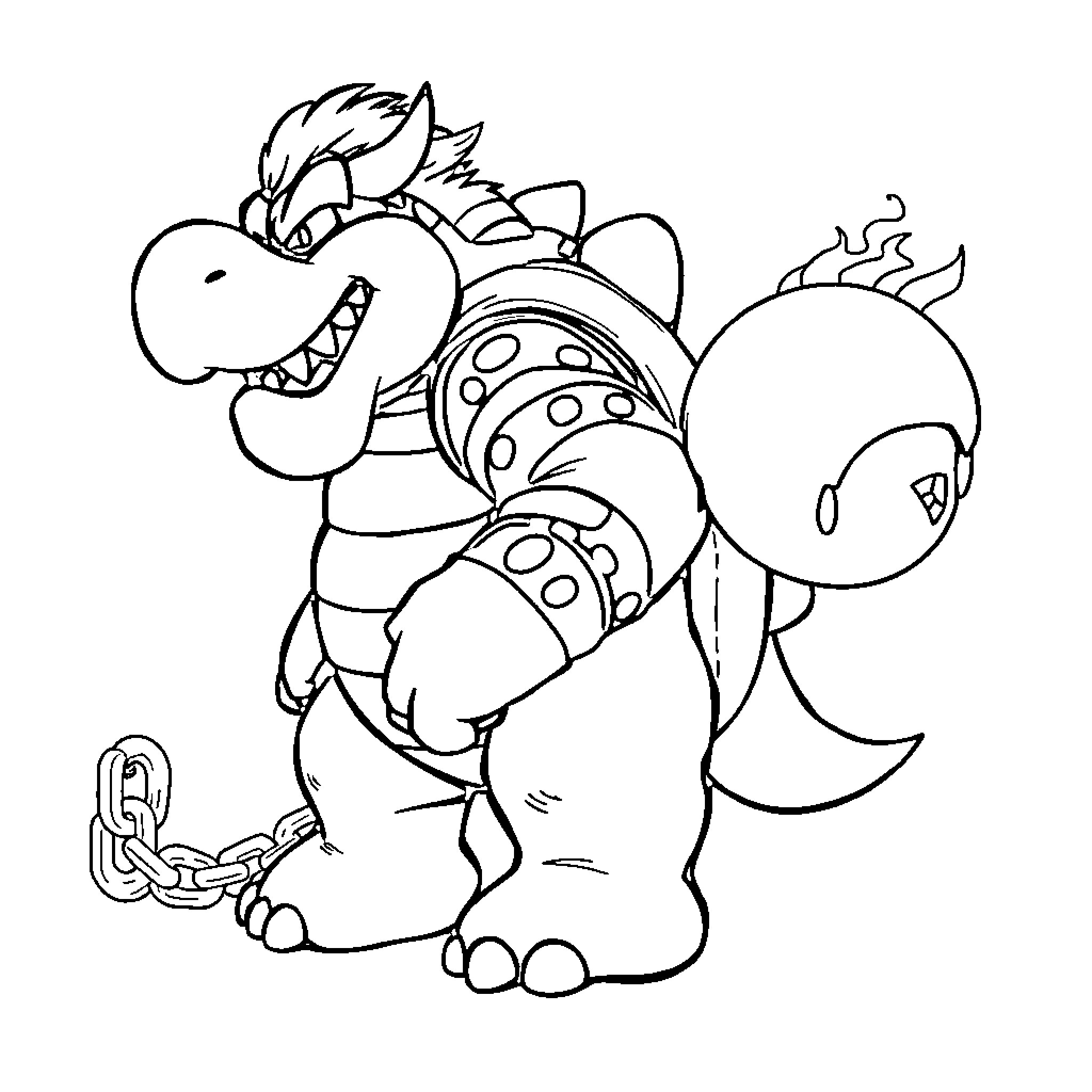 Bowser menacing with spiked shell and sharp teeth Coloring Page (free black-and-white line drawing printable PDF for all, from beginners to advanced learners, including children, teens, adults, and seniors)