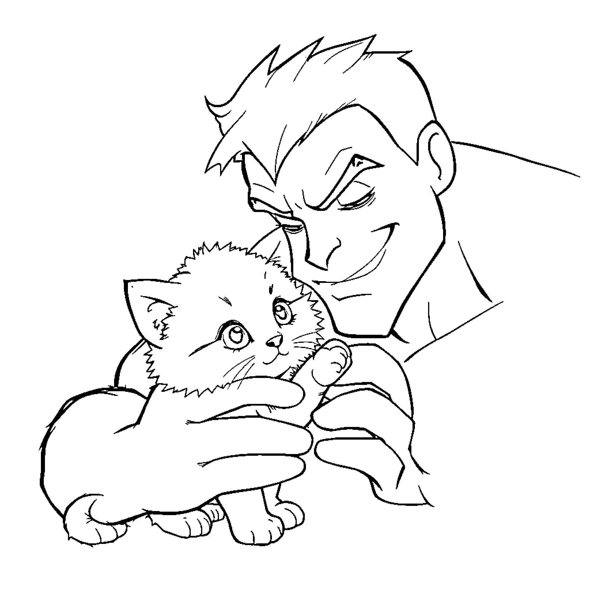 Beast Boy playing with a cute kitten Coloring Page (free black-and-white line drawing printable PDF for all, from beginners to advanced learners, including children, teens, adults, and seniors)