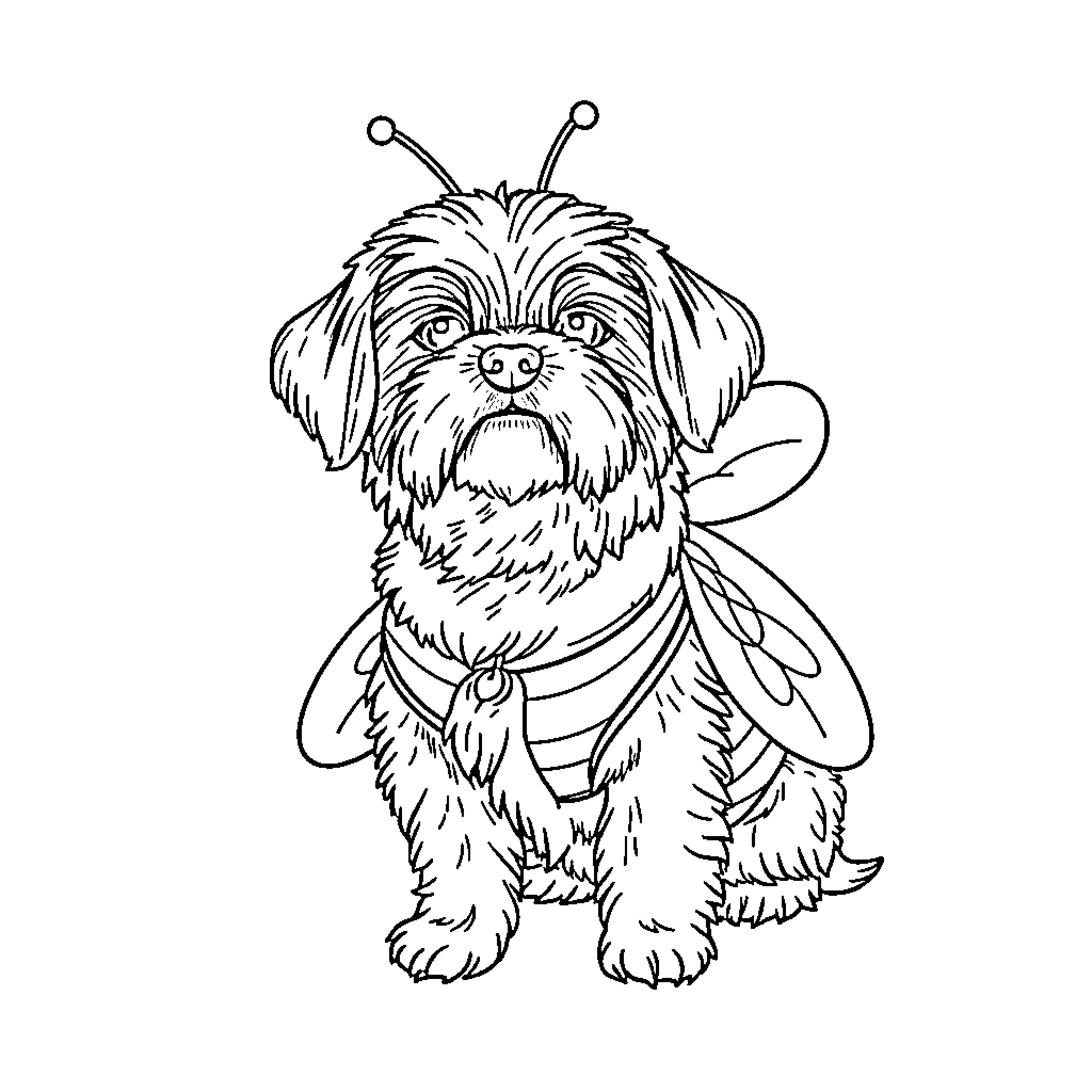 Shih Tzu wearing a cute bee costume Coloring Page (free black-and-white line drawing printable PDF for all, from beginners to advanced learners, including children, teens, adults, and seniors)