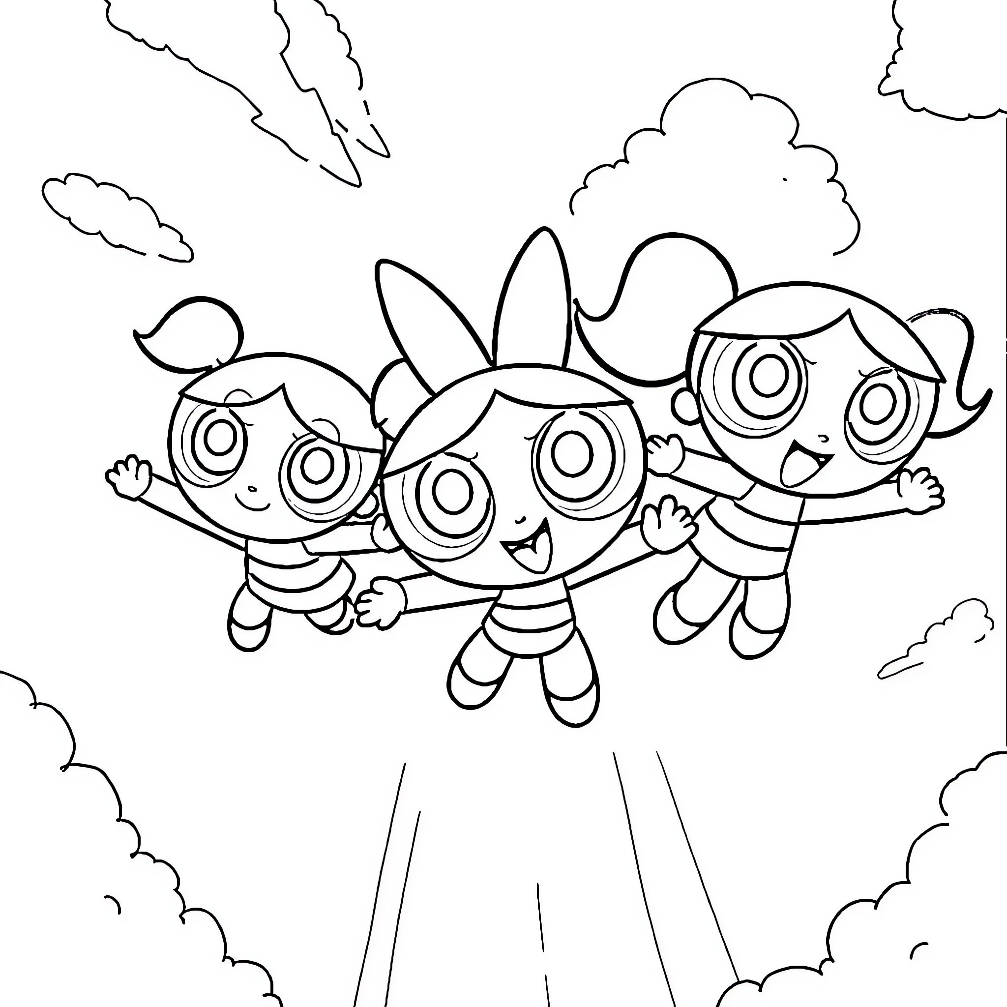 Powerpuff Girls flying through the sky Coloring Page (free black-and-white line drawing printable PDF for all, from beginners to advanced learners, including children, teens, adults, and seniors)