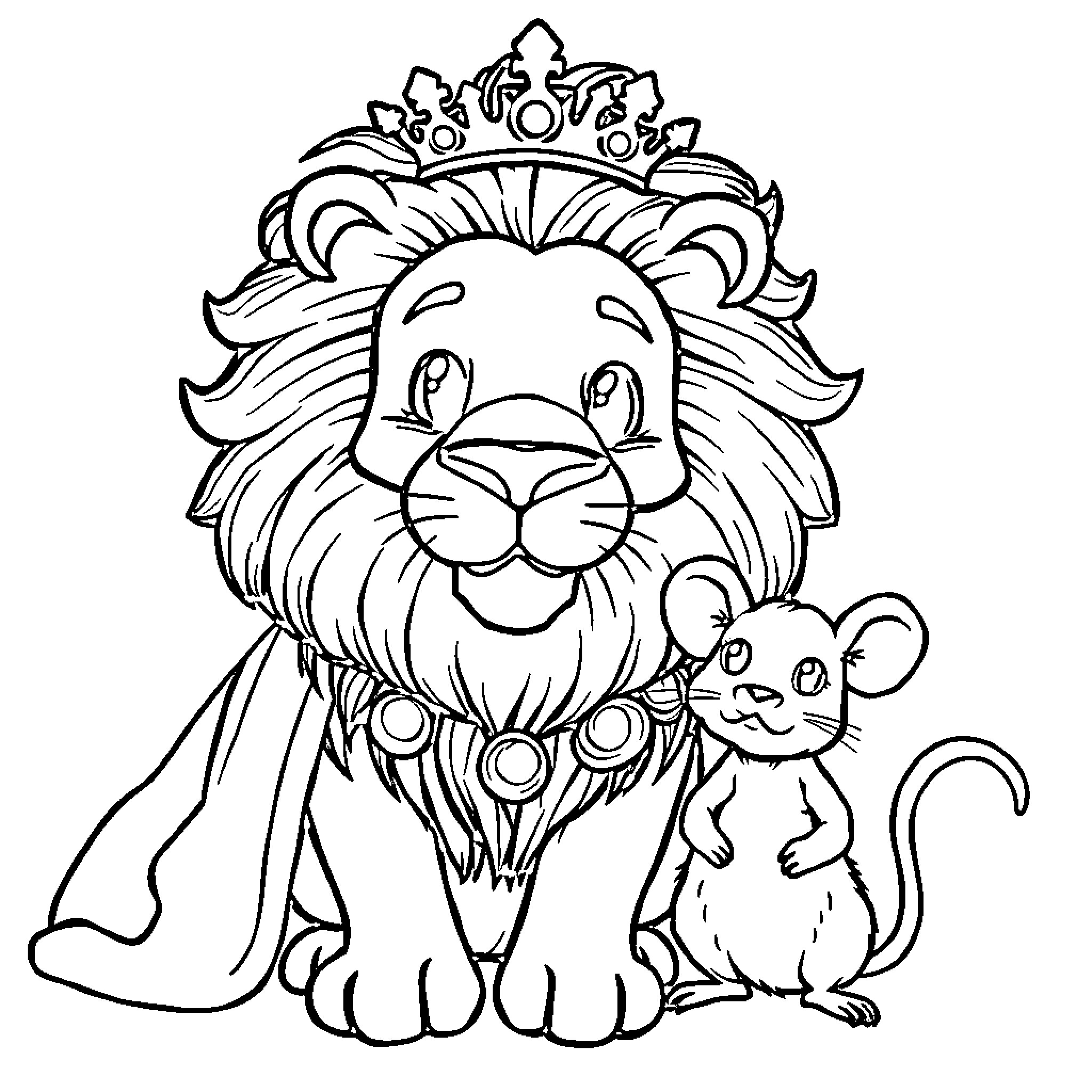 Lion in a Fancy Crown with a Mouse Friend Coloring Page (free black-and-white line drawing printable PDF for all, from beginners to advanced learners, including children, teens, adults, and seniors)