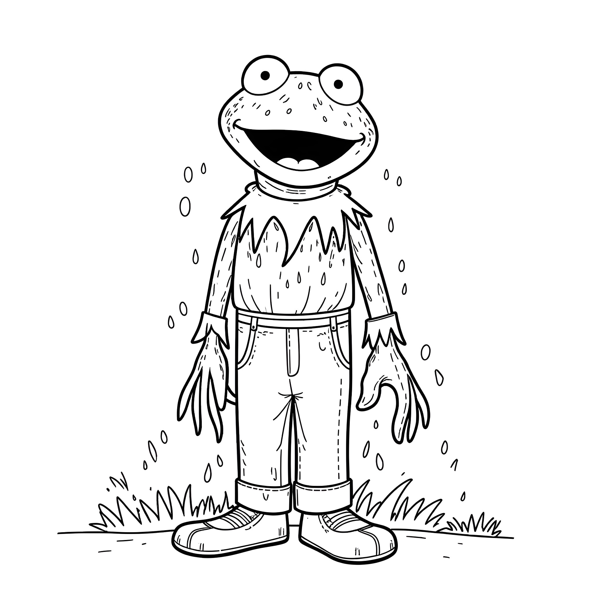 Kermit the Frog in rainy weather Coloring Page (free black-and-white line drawing printable PDF for all, from beginners to advanced learners, including children, teens, adults, and seniors)