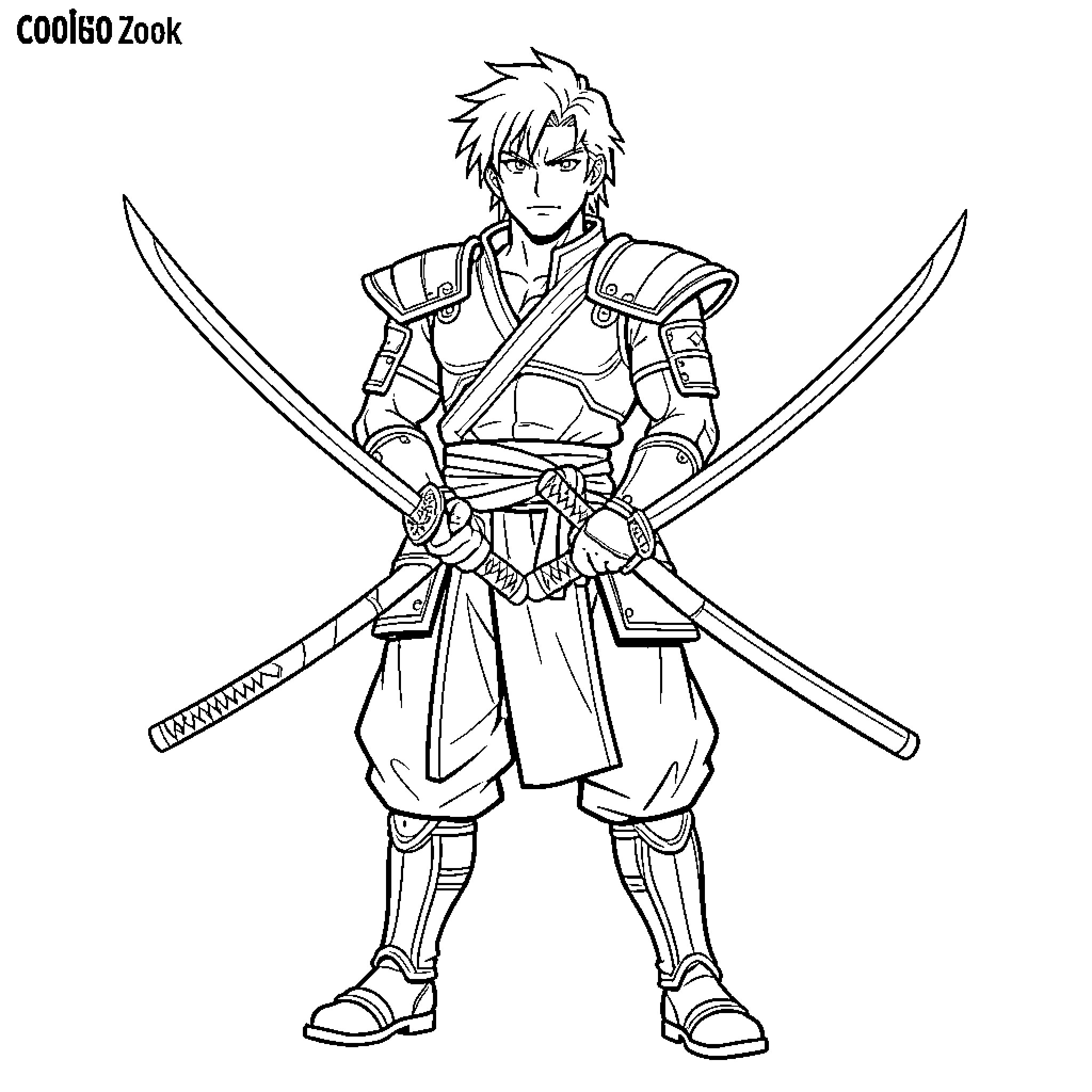 Zoro in Fierce Samurai Battle Stance Coloring Page (free black-and-white line drawing printable PDF for all, from beginners to advanced learners, including children, teens, adults, and seniors)
