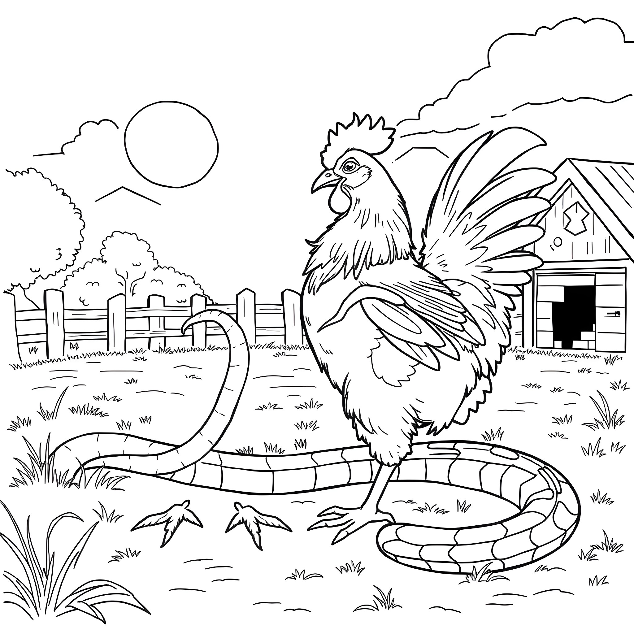 Chicken strutting proudly in a pastoral scene Coloring Page (free black-and-white line drawing printable PDF for all, from beginners to advanced learners, including children, teens, adults, and seniors)