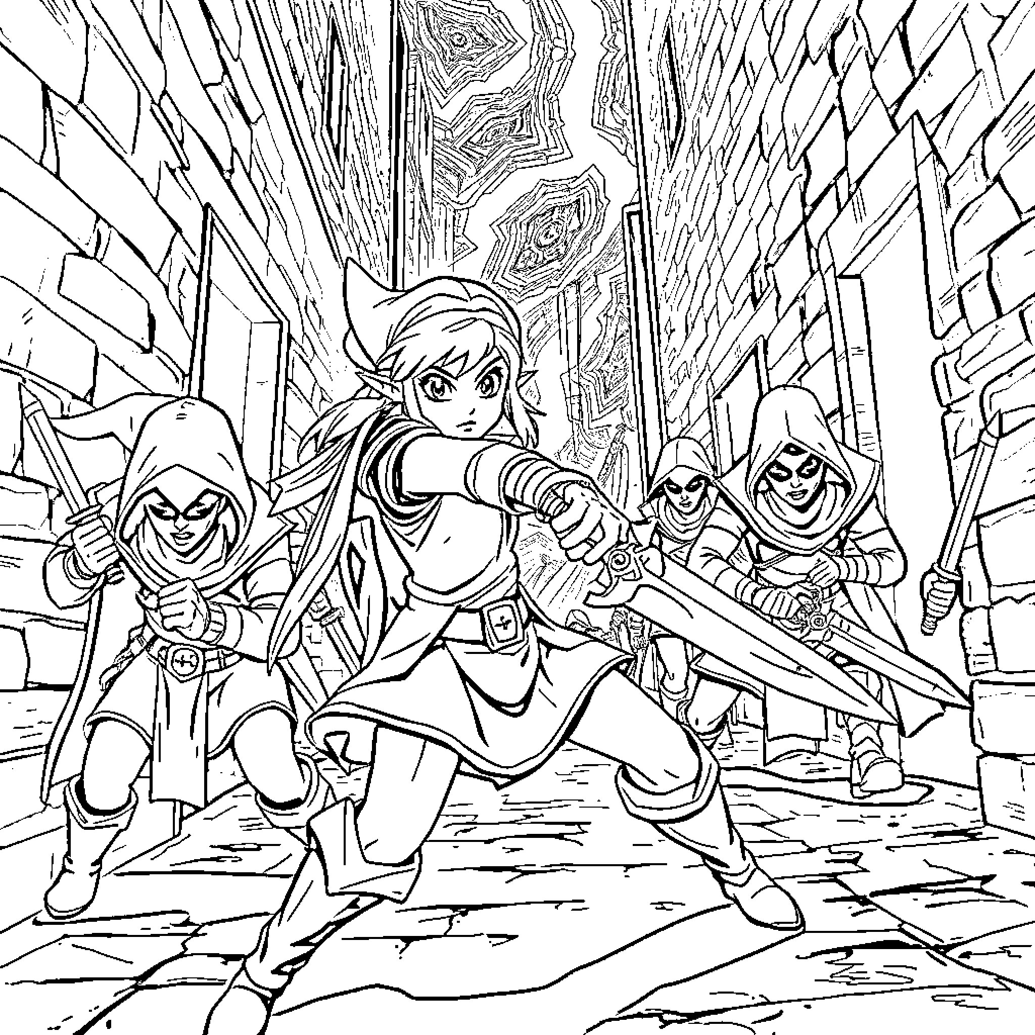 Zelda and Friends Adventuring in the Dungeon Coloring Page (free black-and-white line drawing printable PDF for all, from beginners to advanced learners, including children, teens, adults, and seniors)