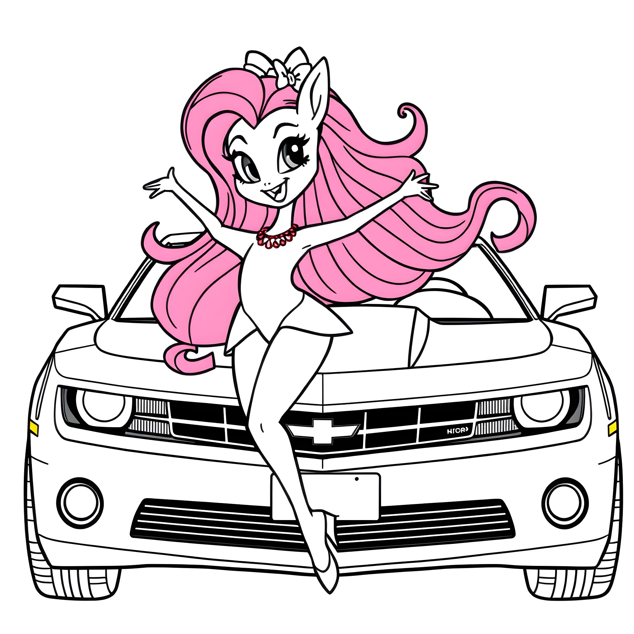 Kirlia posing gracefully on a sports car Coloring Page (free black-and-white line drawing printable PDF for all, from beginners to advanced learners, including children, teens, adults, and seniors)
