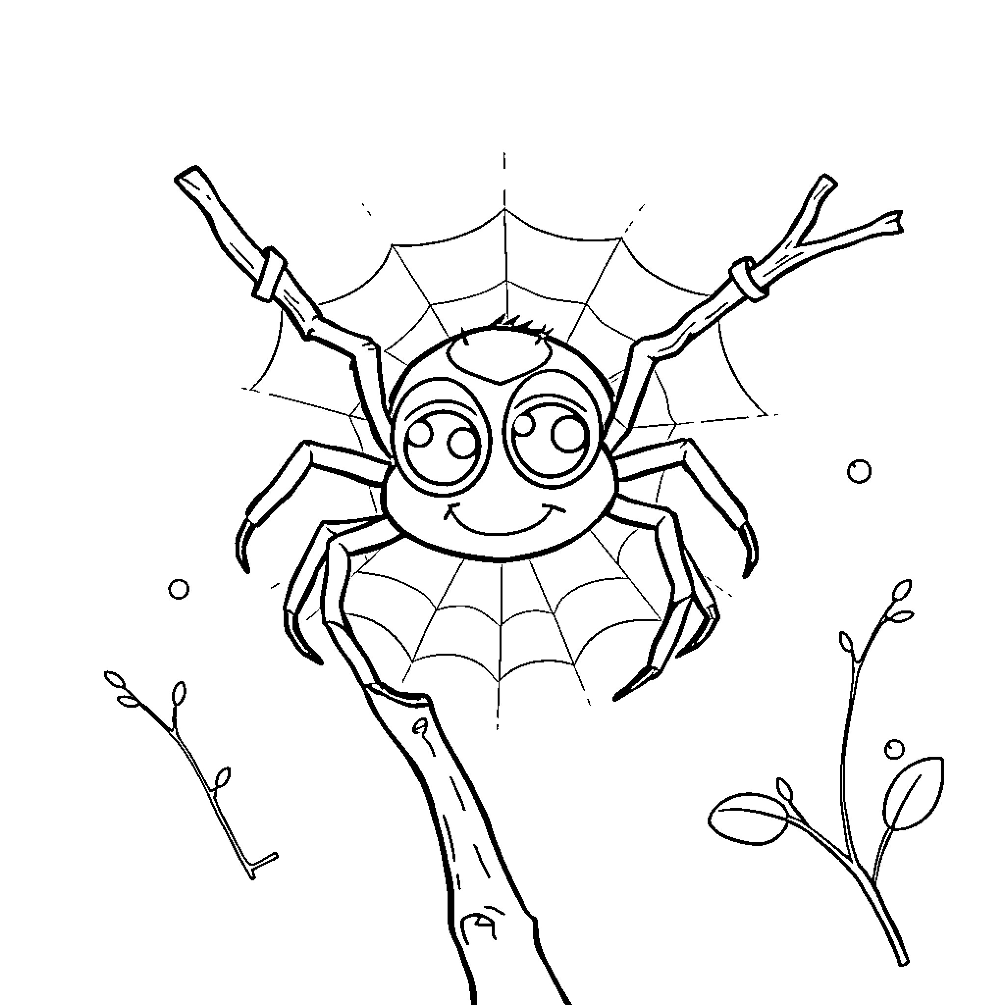 Spider with a playful expression on a web Coloring Page (free black-and-white line drawing printable PDF for all, from beginners to advanced learners, including children, teens, adults, and seniors)
