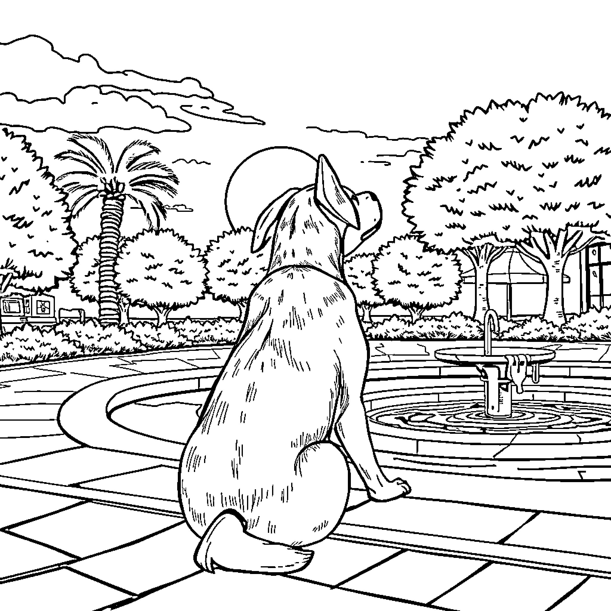 Perro observing tranquil garden landscape Coloring Page (free black-and-white line drawing printable PDF for all, from beginners to advanced learners, including children, teens, adults, and seniors)