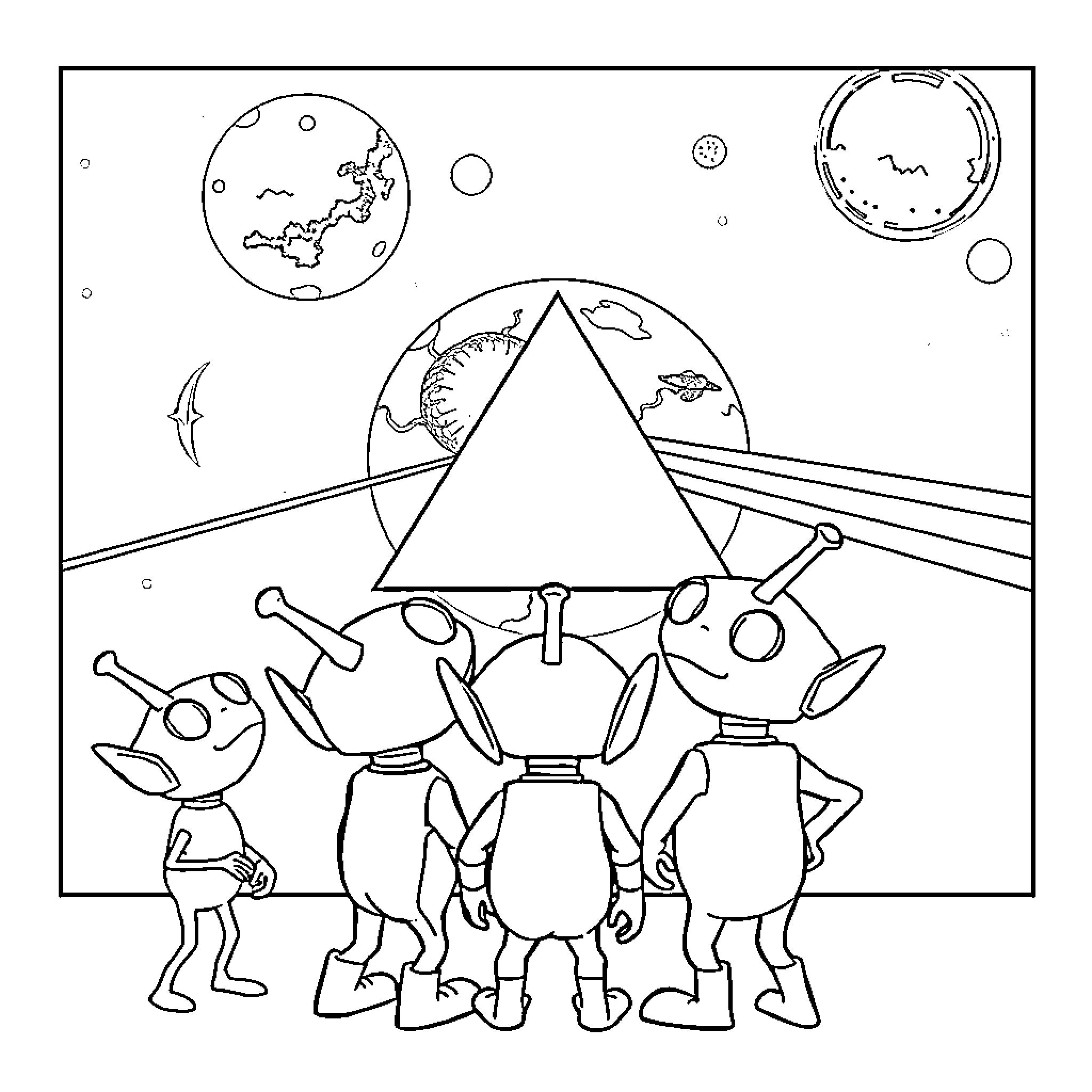 Pink Floyd Alien Creatures Explore Cosmic Landscapes Coloring Page (free black-and-white line drawing printable PDF for all, from beginners to advanced learners, including children, teens, adults, and seniors)
