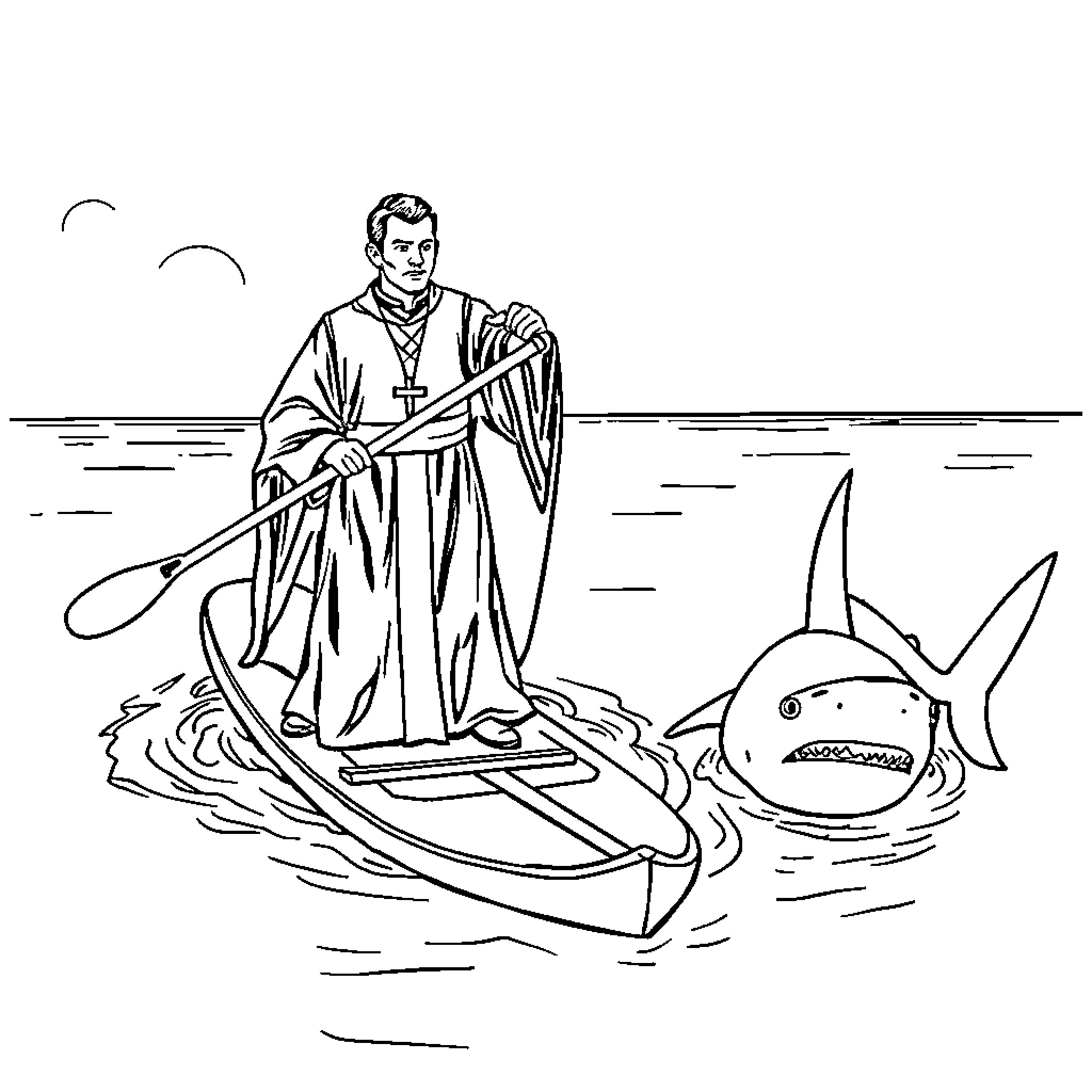 Priest preaching on boat amid sharks Coloring Page (free black-and-white line drawing printable PDF for all, from beginners to advanced learners, including children, teens, adults, and seniors)
