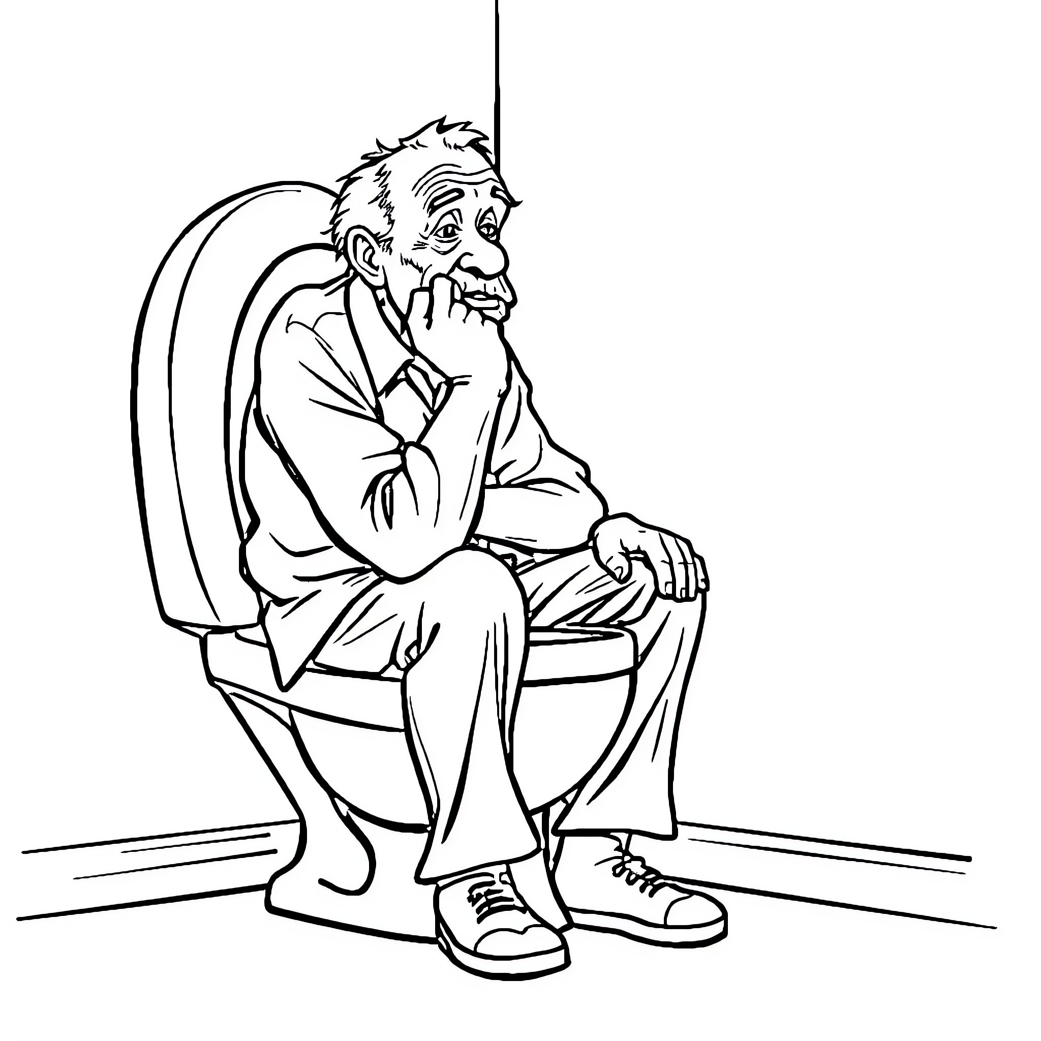 Man sitting pensively in an armchair Coloring Page (free black-and-white line drawing printable PDF for all, from beginners to advanced learners, including children, teens, adults, and seniors)