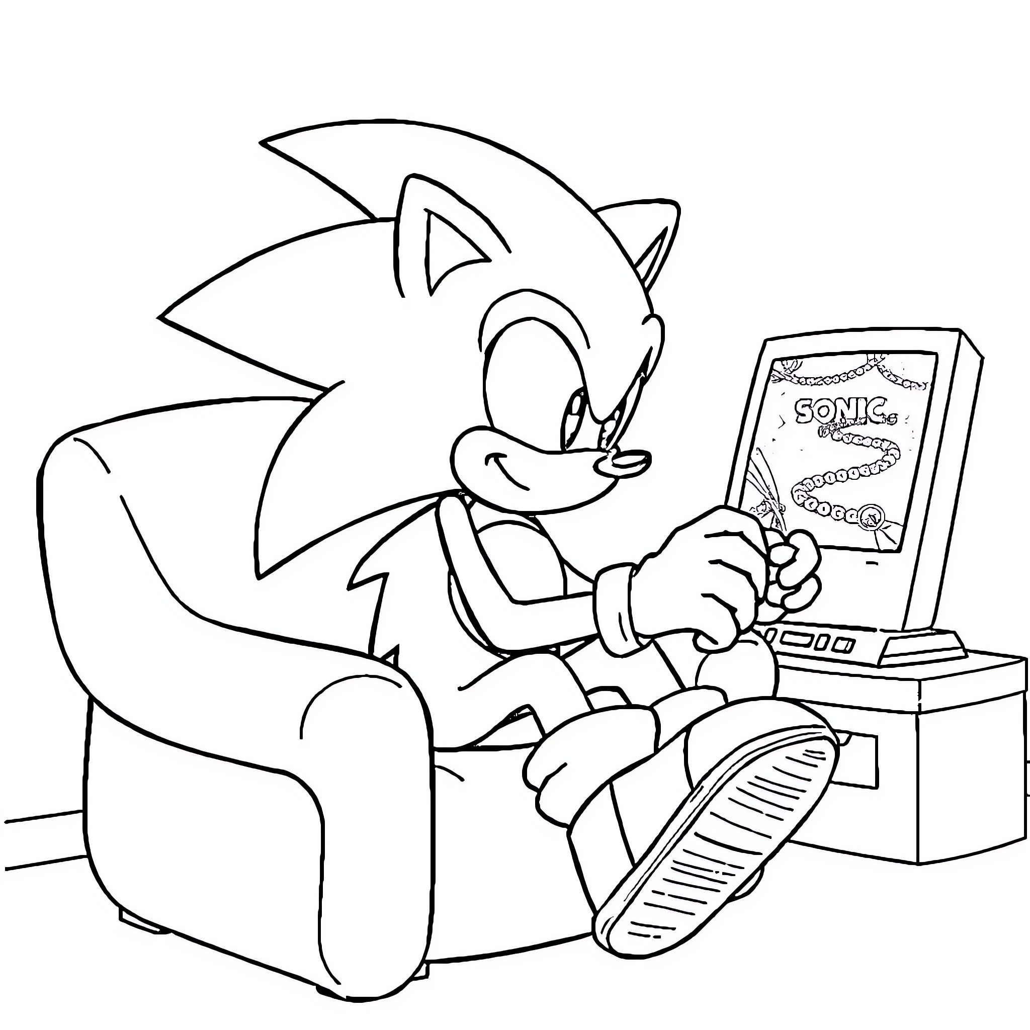 Sonic playing video game on computer Coloring Page (free black-and-white line drawing printable PDF for all, from beginners to advanced learners, including children, teens, adults, and seniors)