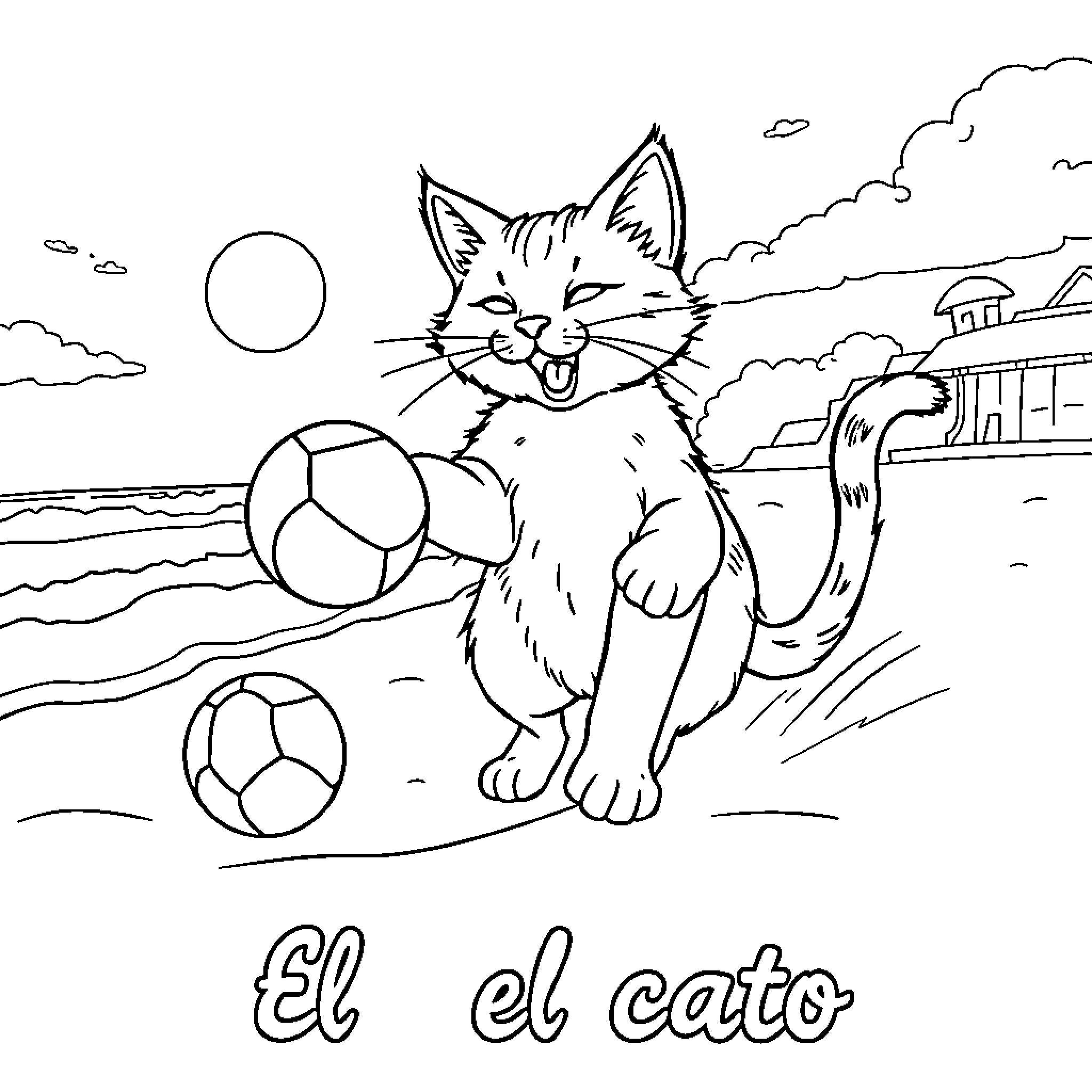 Cat playing with soccer balls on the beach Coloring Page (free black-and-white line drawing printable PDF for all, from beginners to advanced learners, including children, teens, adults, and seniors)