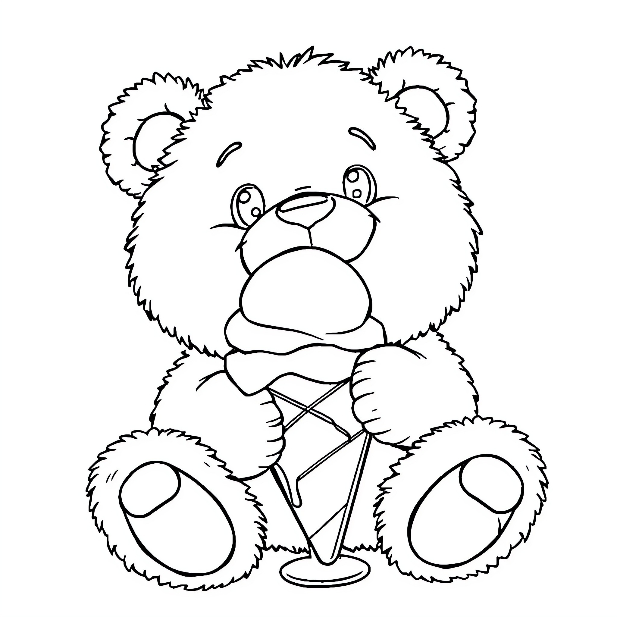 Teddy Bear Enjoying an Ice Cream Cone Coloring Page (free black-and-white line drawing printable PDF for all, from beginners to advanced learners, including children, teens, adults, and seniors)