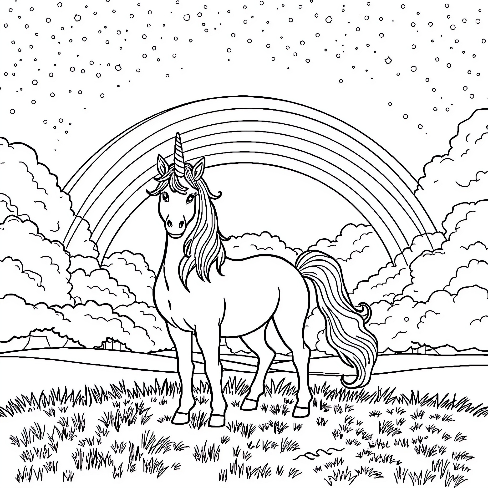 Unicorn standing in a magical meadow Coloring Page (free black-and-white line drawing printable PDF for all, from beginners to advanced learners, including children, teens, adults, and seniors)