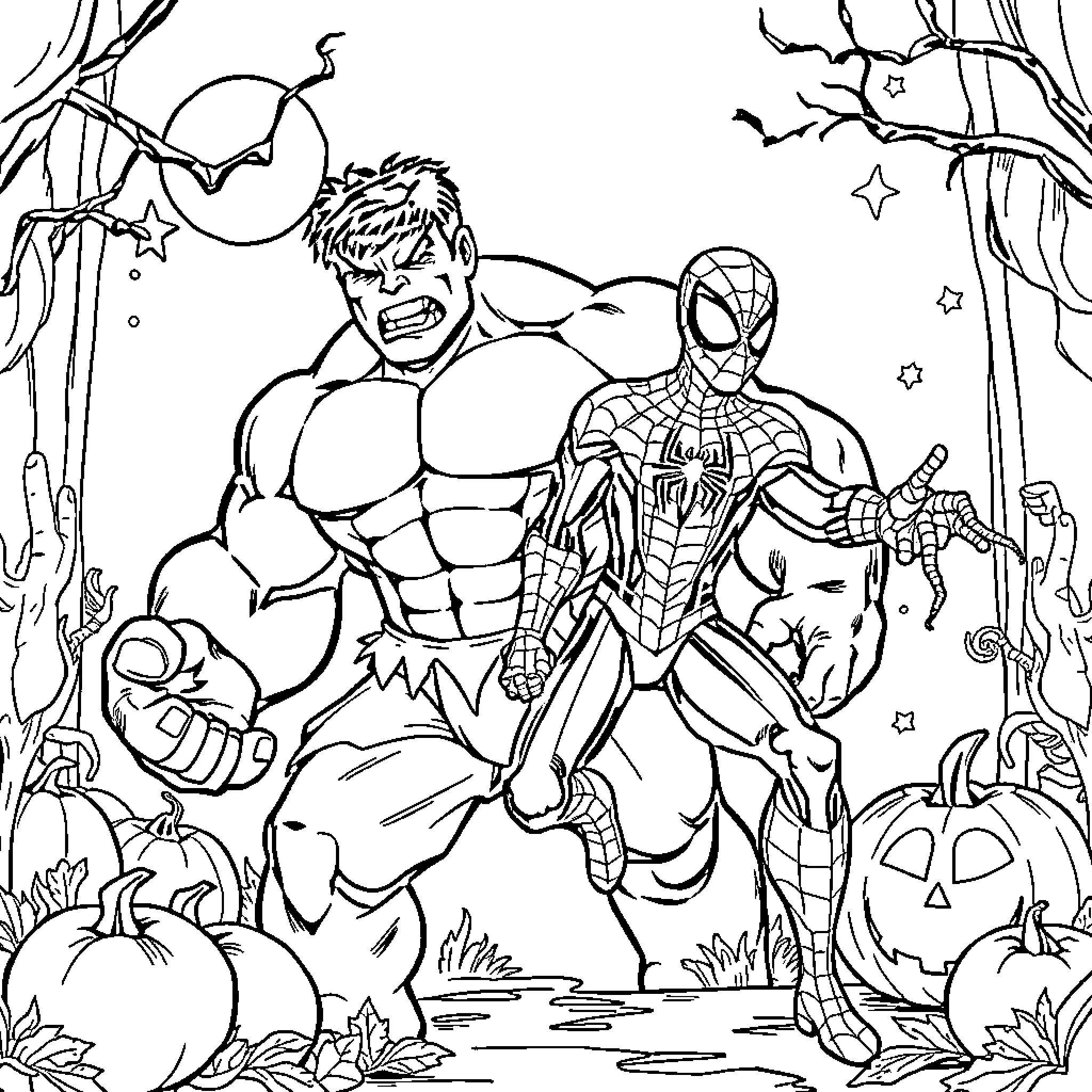 Hulk and Spiderman facing off in a spooky forest scene Coloring Page (free black-and-white line drawing printable PDF for all, from beginners to advanced learners, including children, teens, adults, and seniors)