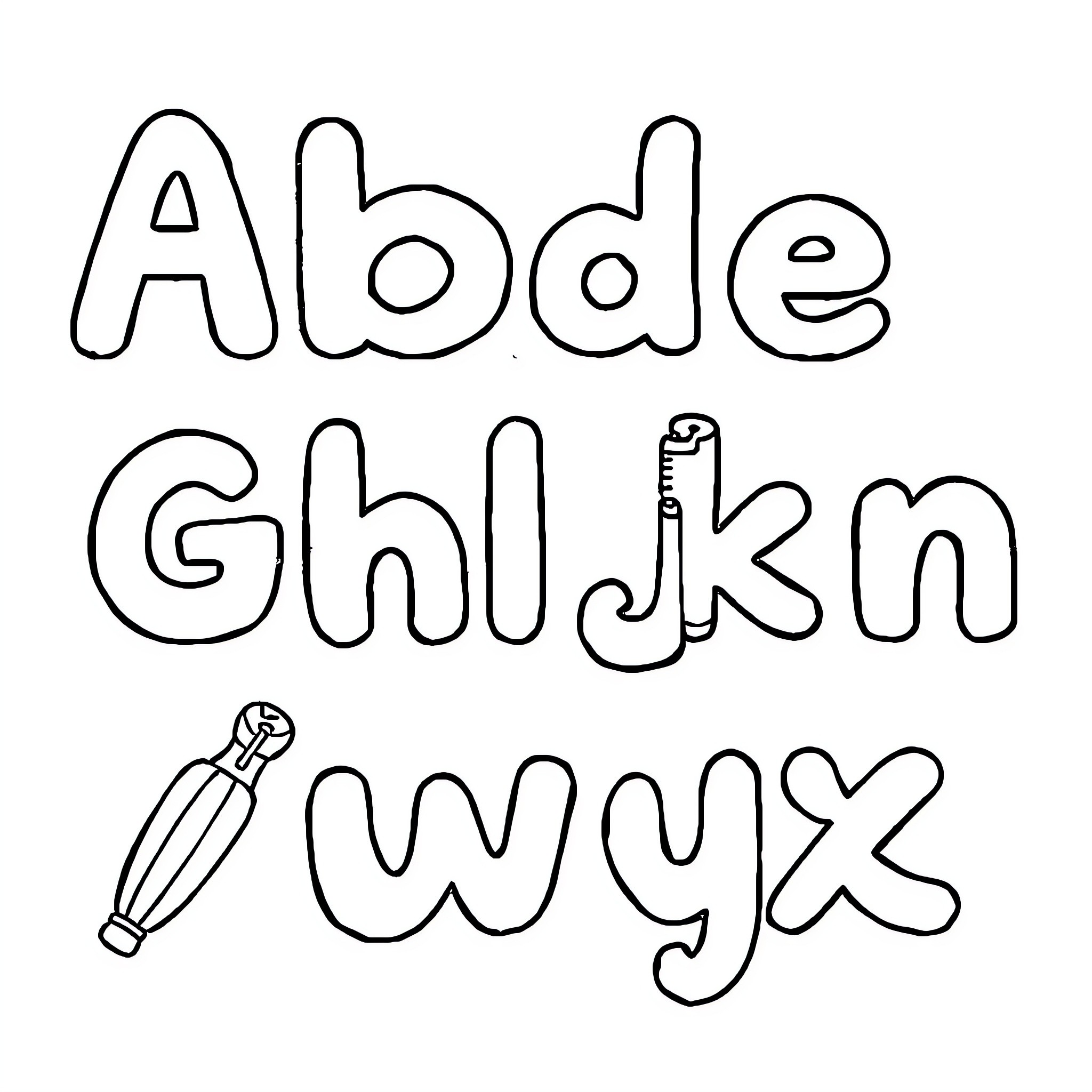 Alphabet with stylized letters and tools Coloring Page (free black-and-white line drawing printable PDF for all, from beginners to advanced learners, including children, teens, adults, and seniors)