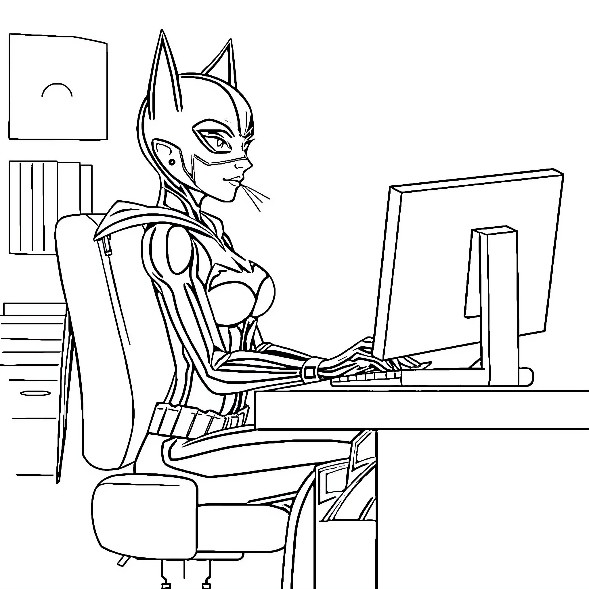 Catwoman working intently on a computer Coloring Page (free black-and-white line drawing printable PDF for all, from beginners to advanced learners, including children, teens, adults, and seniors)