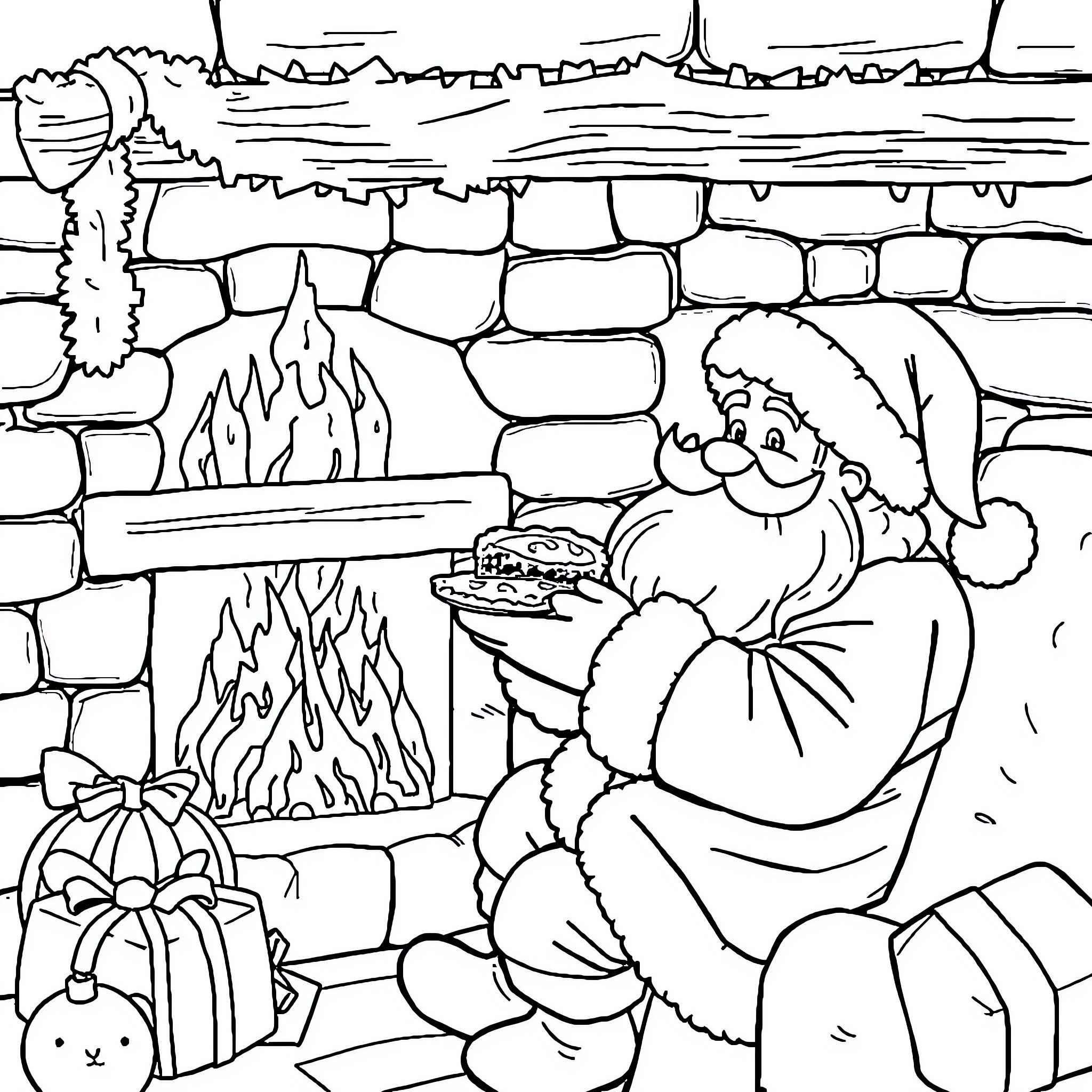 Santa warming by cozy fireplace with presents Coloring Page (free black-and-white line drawing printable PDF for all, from beginners to advanced learners, including children, teens, adults, and seniors)