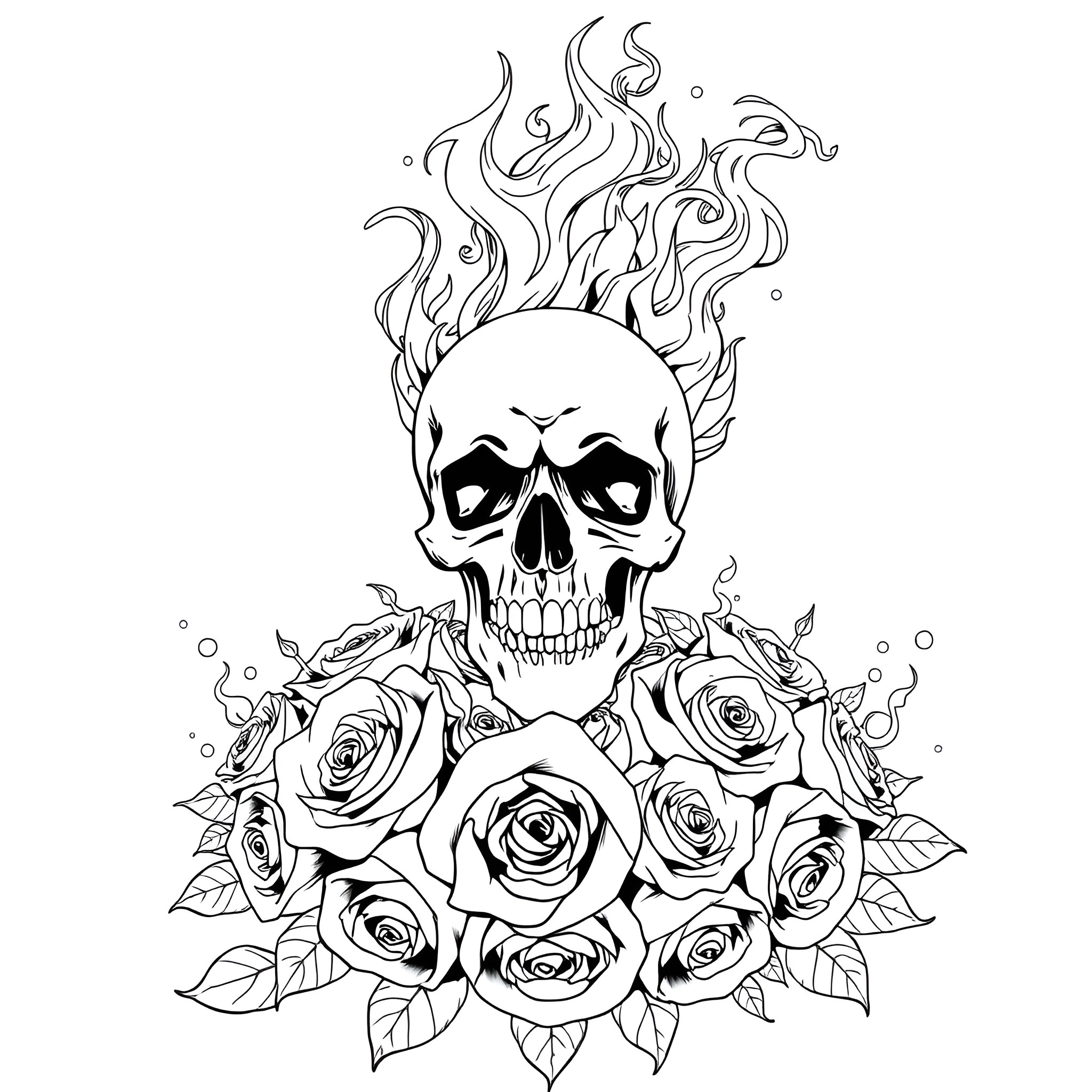Skull surrounded by fiery flames and roses Coloring Page (free black-and-white line drawing printable PDF for all, from beginners to advanced learners, including children, teens, adults, and seniors)