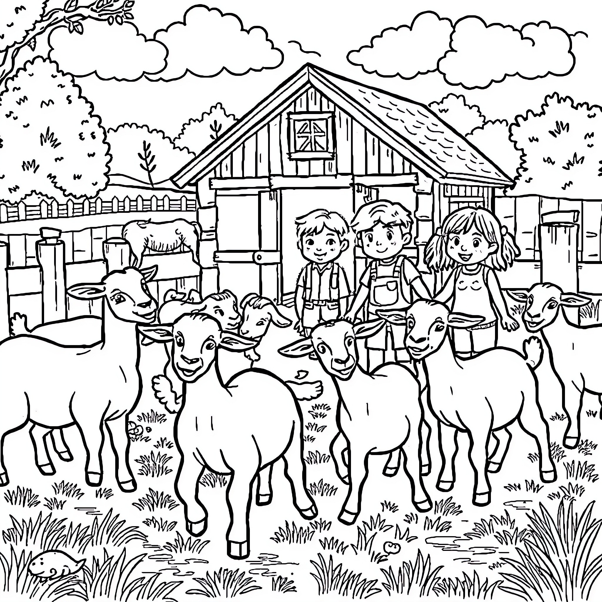 Goat kids and farmers playing in a farmyard Coloring Page (free black-and-white line drawing printable PDF for all, from beginners to advanced learners, including children, teens, adults, and seniors)