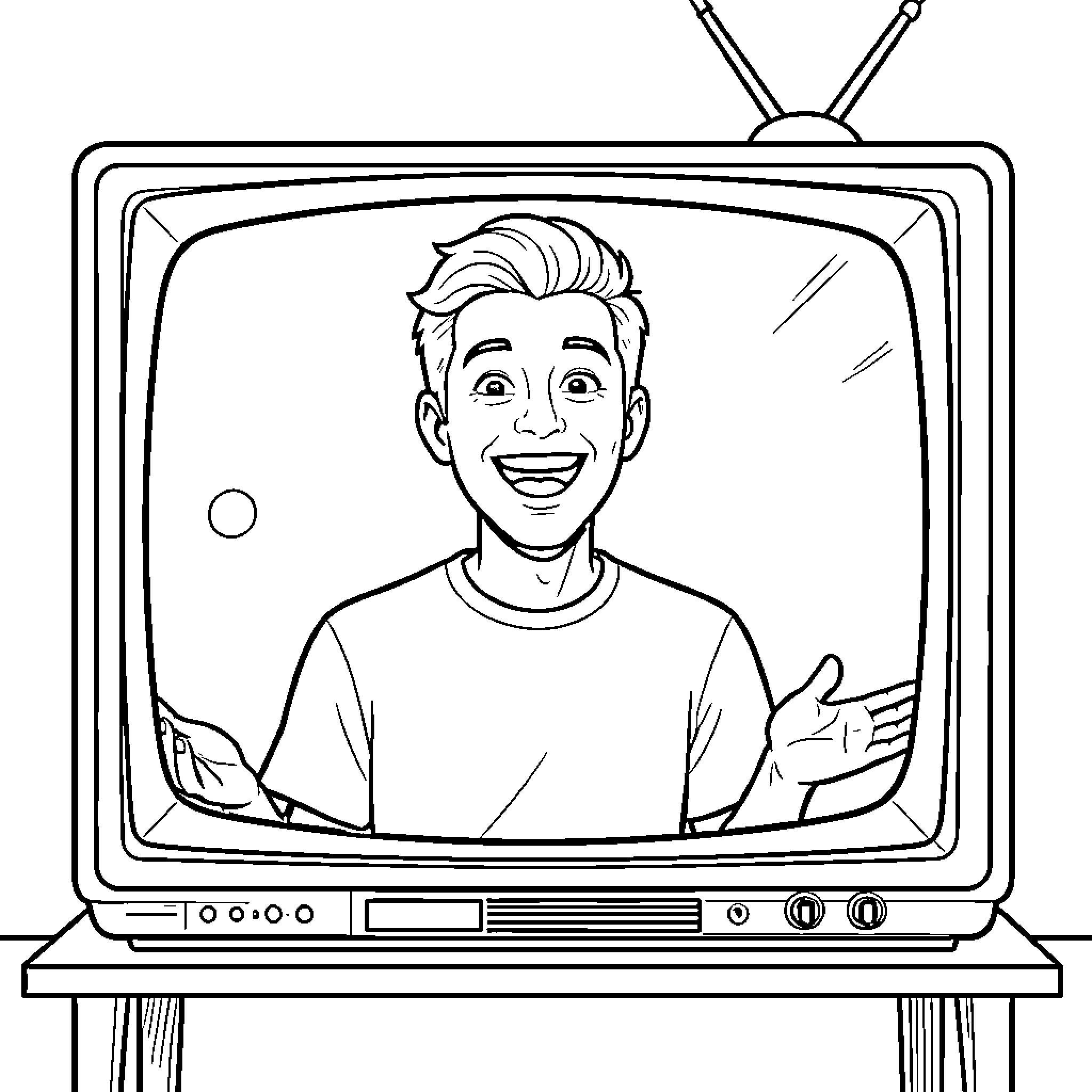 Youtuber smiling and gesturing enthusiastically on a television screen Coloring Page (free black-and-white line drawing printable PDF for all, from beginners to advanced learners, including children, teens, adults, and seniors)