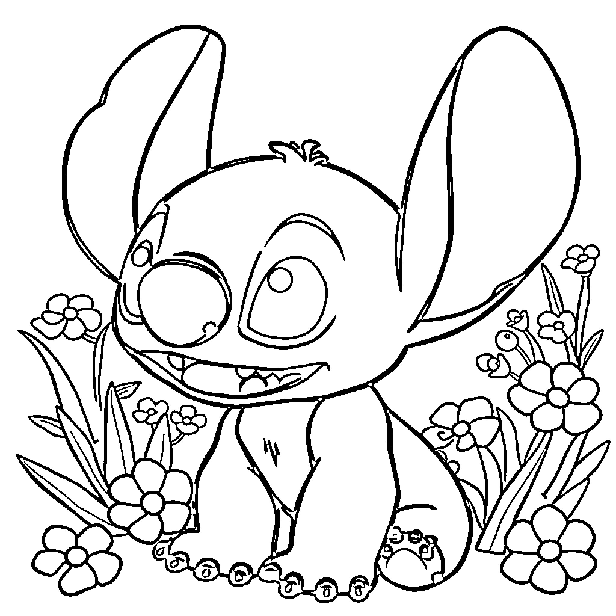 Stitch surrounded by playful flowers Coloring Page (free black-and-white line drawing printable PDF for all, from beginners to advanced learners, including children, teens, adults, and seniors)