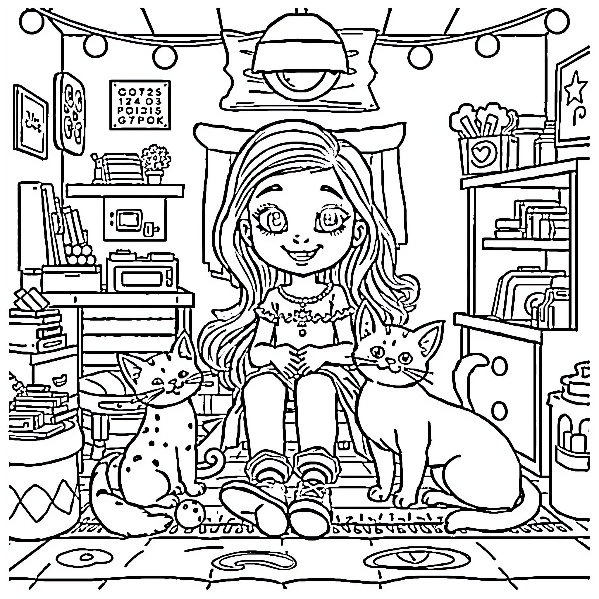 Gabby's Cozy Nook with Feline Friend Coloring Page (free black-and-white line drawing printable PDF for all, from beginners to advanced learners, including children, teens, adults, and seniors)