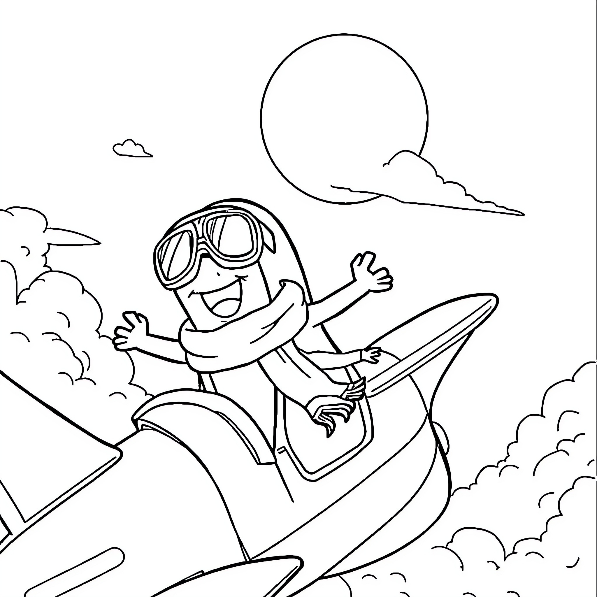 Hotdog pilot soaring through the clouds Coloring Page (free black-and-white line drawing printable PDF for all, from beginners to advanced learners, including children, teens, adults, and seniors)