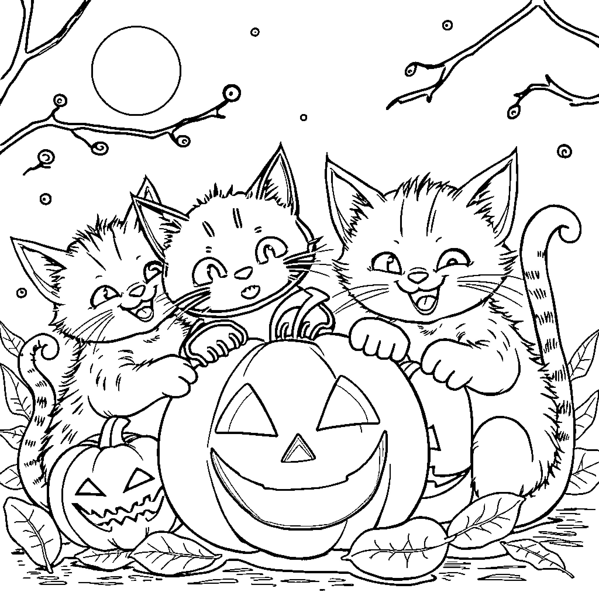 Cat kittens playing with carved pumpkin Coloring Page (free black-and-white line drawing printable PDF for all, from beginners to advanced learners, including children, teens, adults, and seniors)