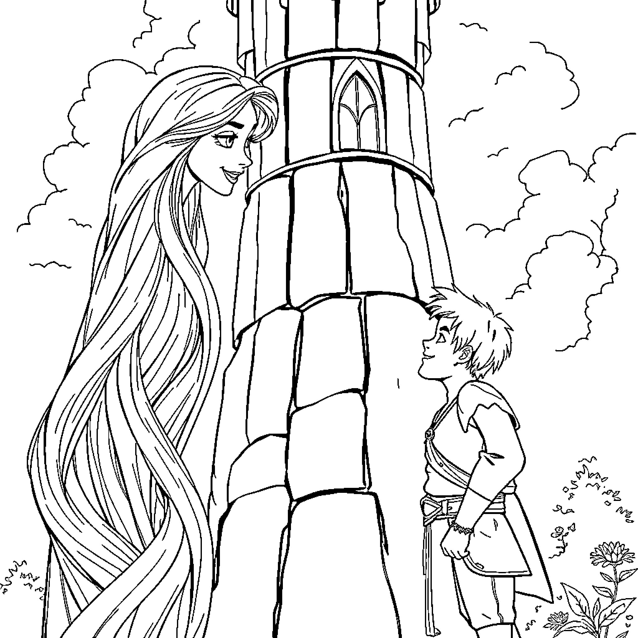 Rapunzel reunited with her prince in the tower Coloring Page (free black-and-white line drawing printable PDF for all, from beginners to advanced learners, including children, teens, adults, and seniors)