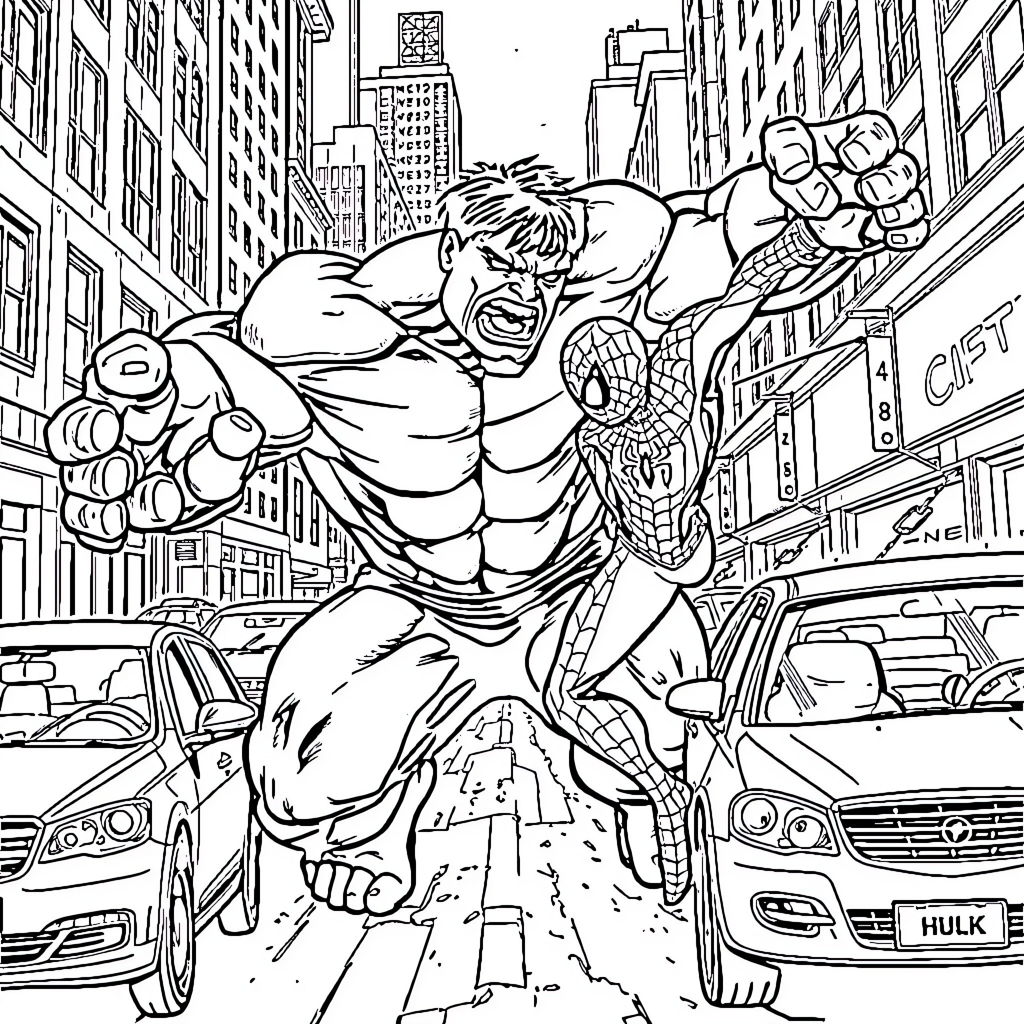Hulk Battles Spider-Man in City Chaos Coloring Page (free black-and-white line drawing printable PDF for all, from beginners to advanced learners, including children, teens, adults, and seniors)