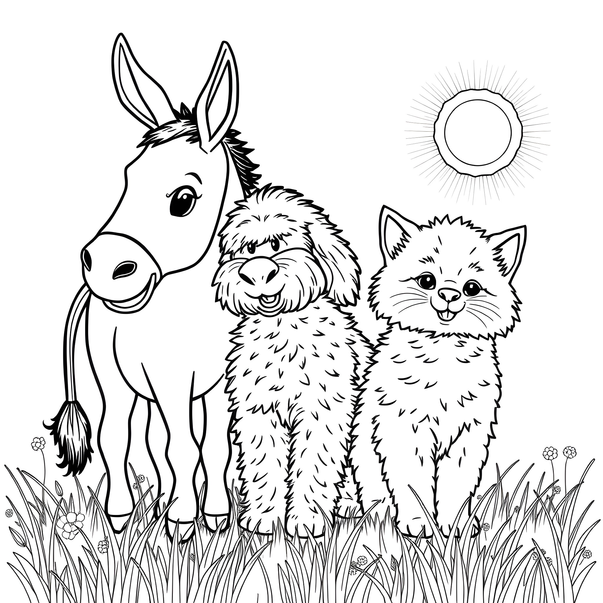 Donkey, dog, and cat playing together in the meadow Coloring Page (free black-and-white line drawing printable PDF for all, from beginners to advanced learners, including children, teens, adults, and seniors)
