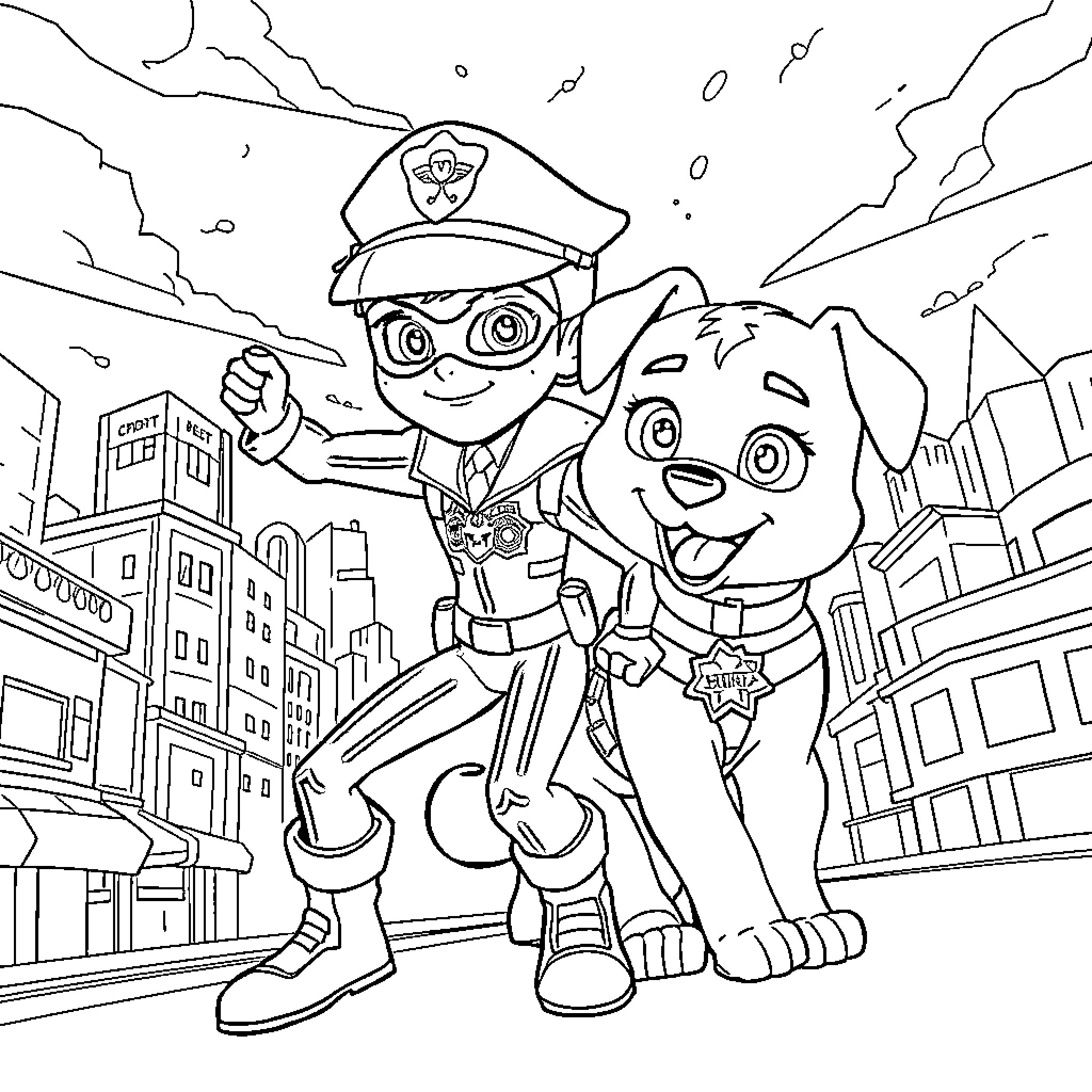 Sheriff pup and puppy on patrol in the city Coloring Page (free black-and-white line drawing printable PDF for all, from beginners to advanced learners, including children, teens, adults, and seniors)