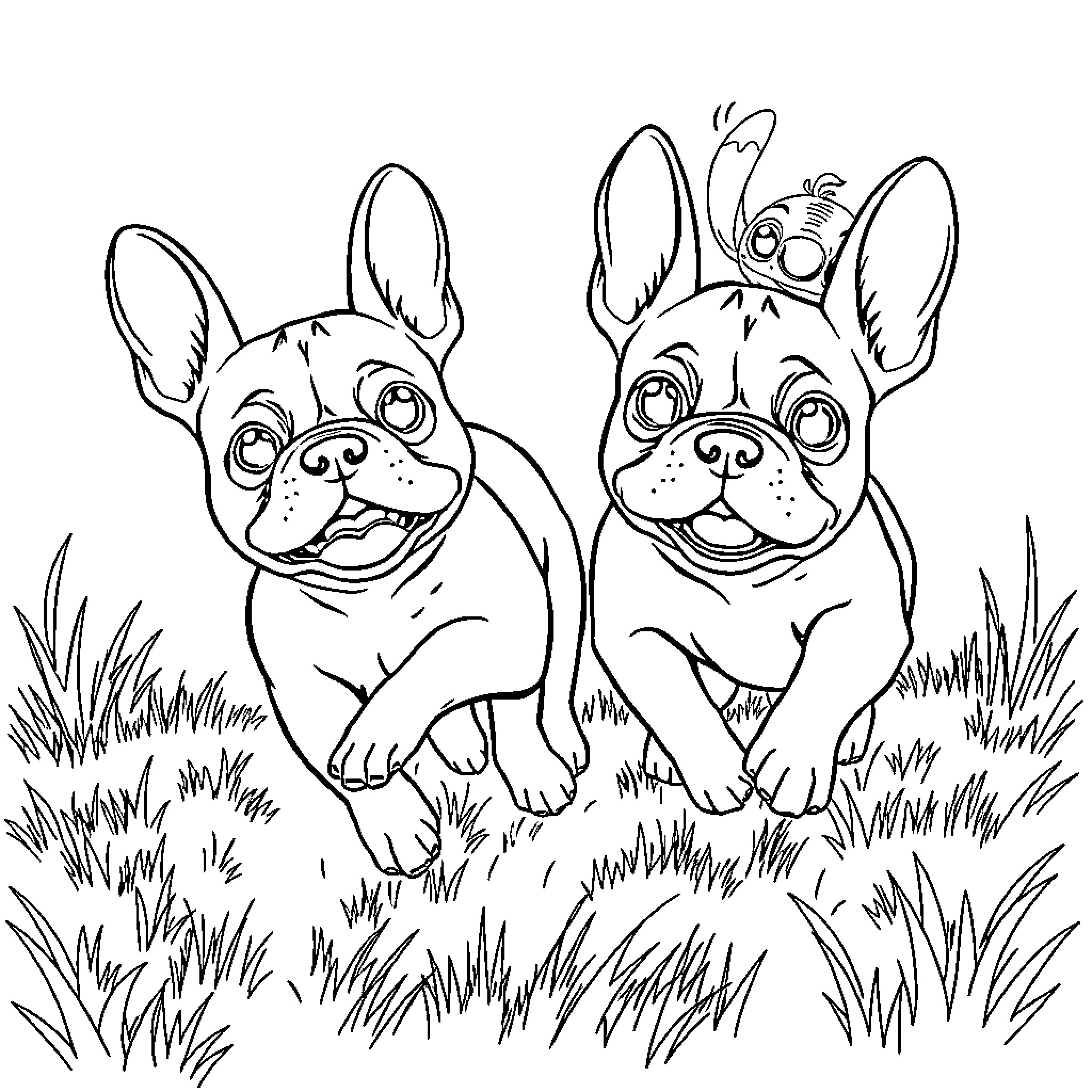 Frenchie friends playing together in the grass Coloring Page (free black-and-white line drawing printable PDF for all, from beginners to advanced learners, including children, teens, adults, and seniors)