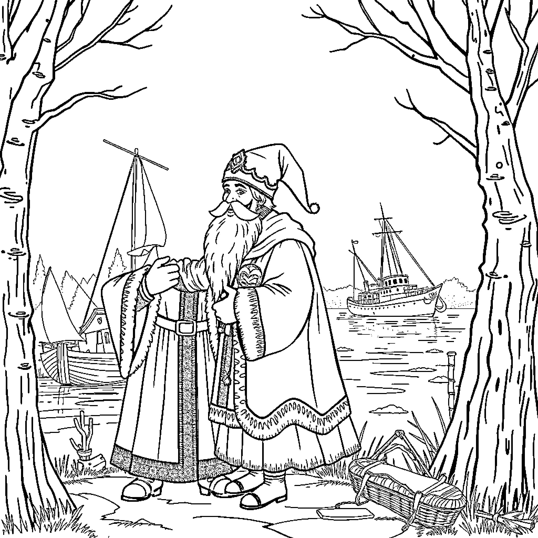 Sinterklaas exploring the winter landscape with a ship in the distance Coloring Page (free black-and-white line drawing printable PDF for all, from beginners to advanced learners, including children, teens, adults, and seniors)