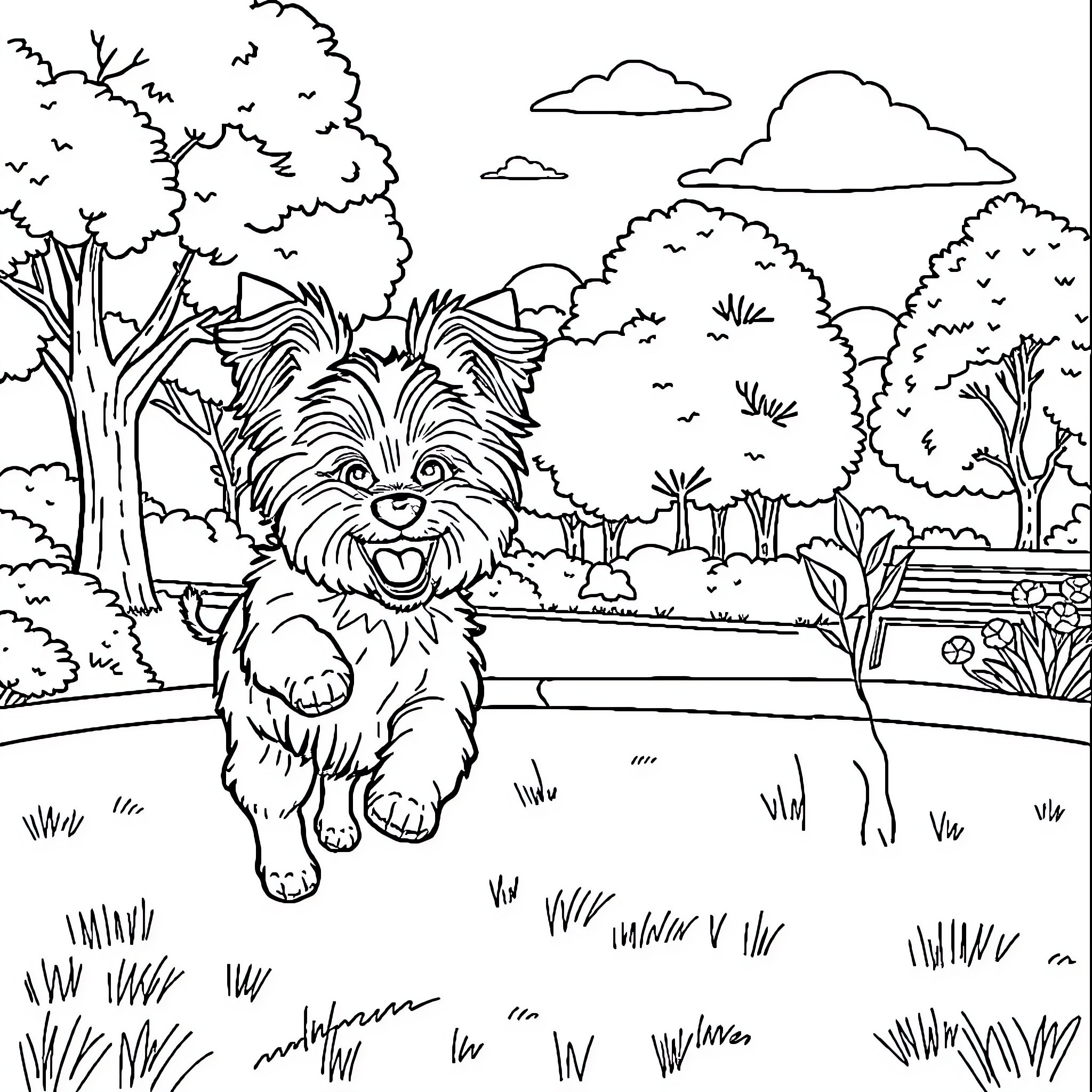 Morkie enjoying a day in the park Coloring Page (free black-and-white line drawing printable PDF for all, from beginners to advanced learners, including children, teens, adults, and seniors)
