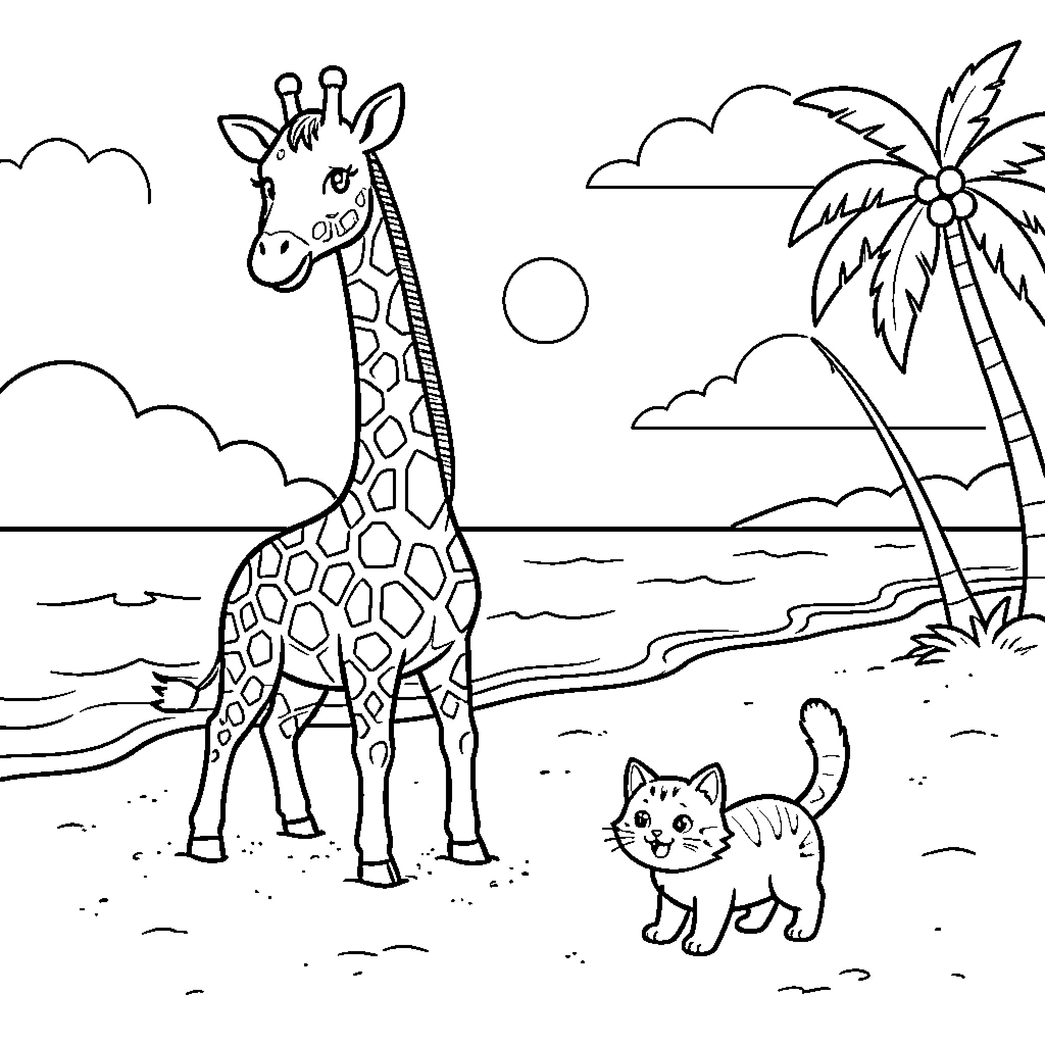 Giraffe standing on a beach with a small cat Coloring Page (free black-and-white line drawing printable PDF for all, from beginners to advanced learners, including children, teens, adults, and seniors)