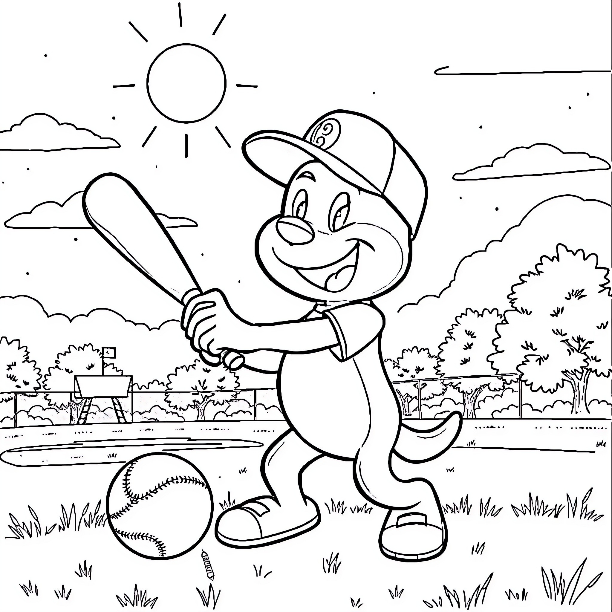 Bluey playing baseball in the park Coloring Page (free black-and-white line drawing printable PDF for all, from beginners to advanced learners, including children, teens, adults, and seniors)